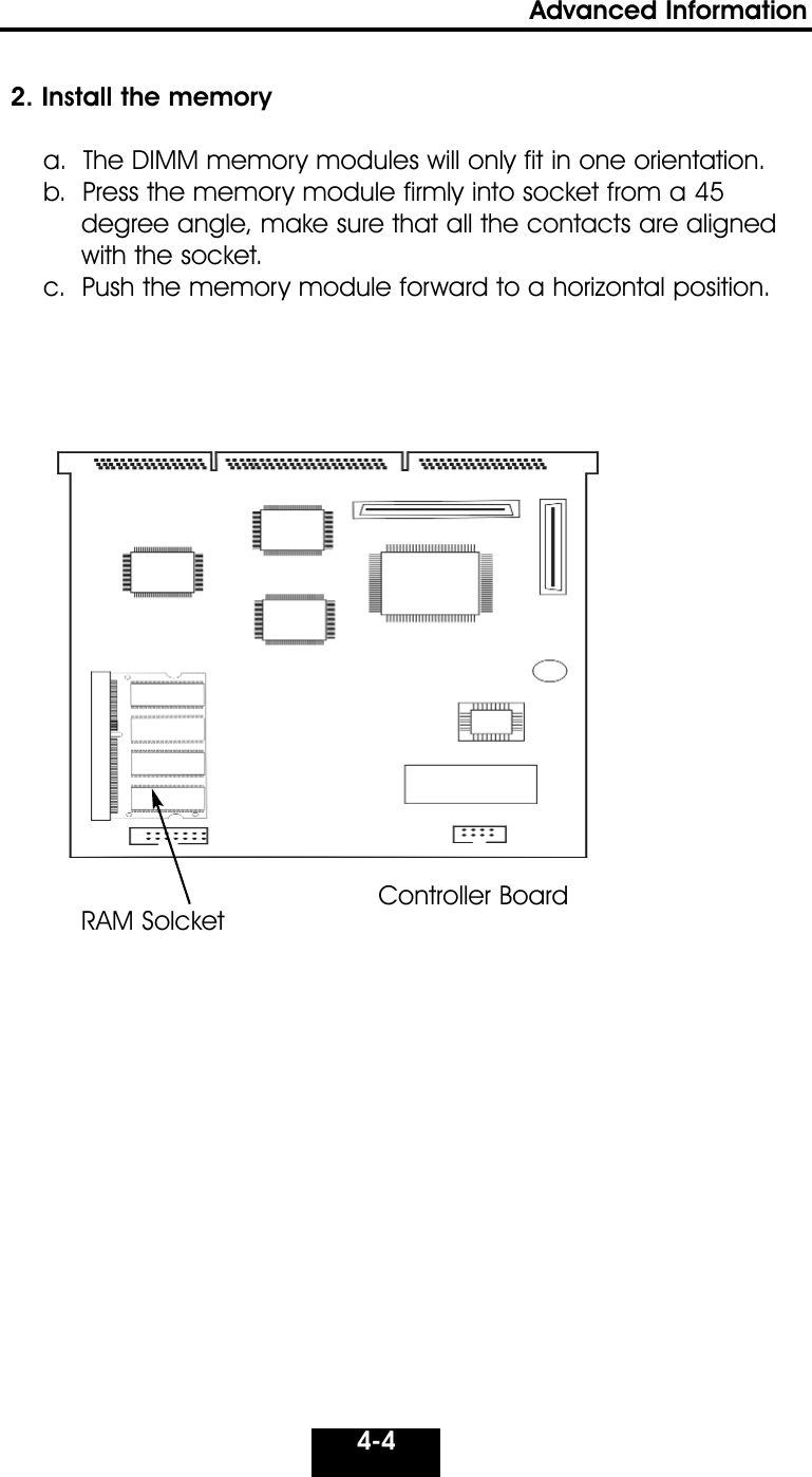 4-4Advanced Information 2. Install the memorya.  The DIMM memory modules will only fit in one orientation.b.  Press the memory module firmly into socket from a 45 degree angle, make sure that all the contacts are aligned with the socket.c.  Push the memory module forward to a horizontal position.RAM SolcketController Board