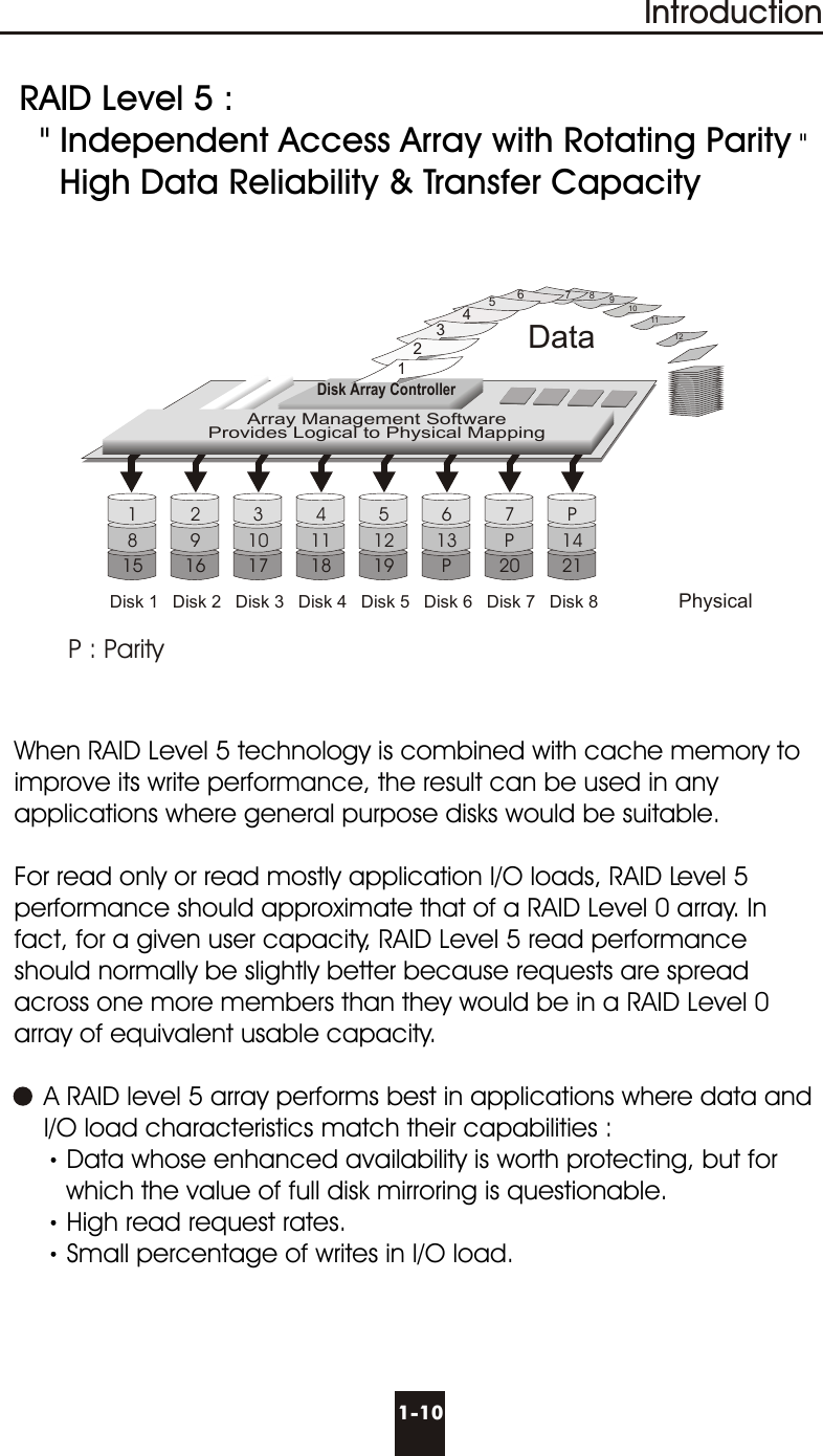 IntroductionWhen RAID Level 5 technology is combined with cache memory to improve its write performance, the result can be used in any applications where general purpose disks would be suitable.For read only or read mostly application I/O loads, RAID Level 5 performance should approximate that of a RAID Level 0 array. In fact, for a given user capacity, RAID Level 5 read performance should normally be slightly better because requests are spread across one more members than they would be in a RAID Level 0 array of equivalent usable capacity.    A RAID level 5 array performs best in applications where data and      I/O load characteristics match their capabilities :Data whose enhanced availability is worth protecting, but for         which the value of full disk mirroring is questionable.High read request rates.Small percentage of writes in I/O load.  RAID Level 5 :  &quot; Independent Access Array with Rotating Parity &quot;    High Data Reliability &amp; Transfer CapacityP : Parity1-10Disk 1 PhysicalP1421Data1234  567891011 12Disk Array ControllerArray Management SoftwareProvides Logical to Physical Mapping7P20613P5121941118310172916Disk 2 Disk 3 Disk 4 Disk 5 Disk 6 Disk 7 Disk 81815