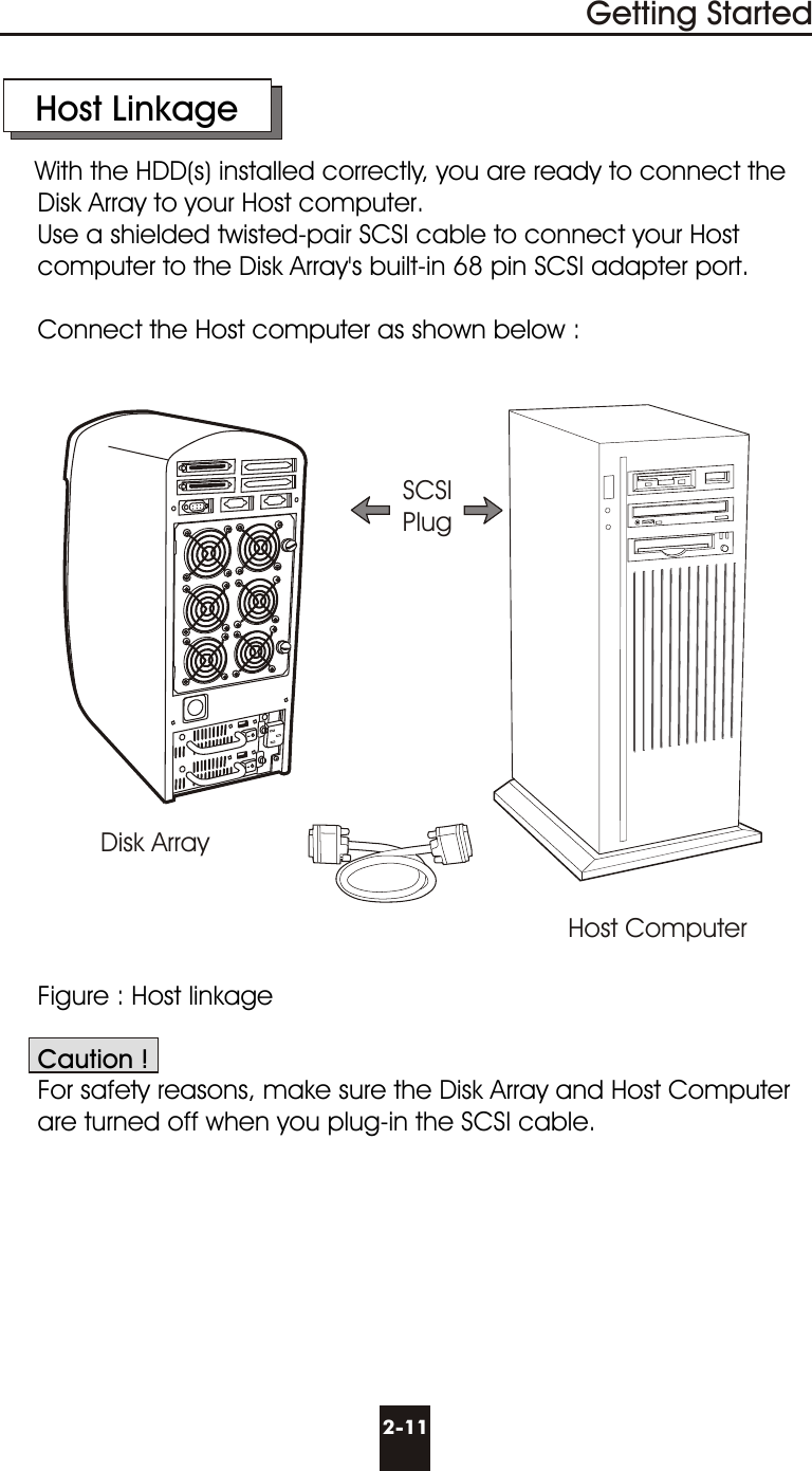     Host LinkageWith the HDD(s) installed correctly, you are ready to connect the     Disk Array to your Host computer.     Use a shielded twisted-pair SCSI cable to connect your Host       computer to the Disk Array&apos;s built-in 68 pin SCSI adapter port.     Connect the Host computer as shown below :     Figure : Host linkage     Caution !     For safety reasons, make sure the Disk Array and Host Computer        are turned off when you plug-in the SCSI cable.2-11Getting StartedDisk ArrayHost ComputerSCSIPlug