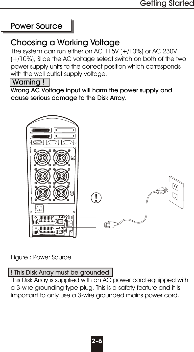      Power Source     Choosing a Working VoltageThe system can run either on AC 115V (+/10%) or AC 230V        (+/10%), Slide the AC voltage select switch on both of the two       power supply units to the correct position which corresponds      with the wall outlet supply voltage.       Warning !      Wrong AC Voltage input will harm the power supply and      cause serious damage to the Disk Array.      Figure : Power Source            This Disk Array is supplied with an AC power cord equipped with       a 3-wire grounding type plug. This is a safety feature and it is      important to only use a 3-wire grounded mains power cord.! This Disk Array must be grounded2-6Getting Started