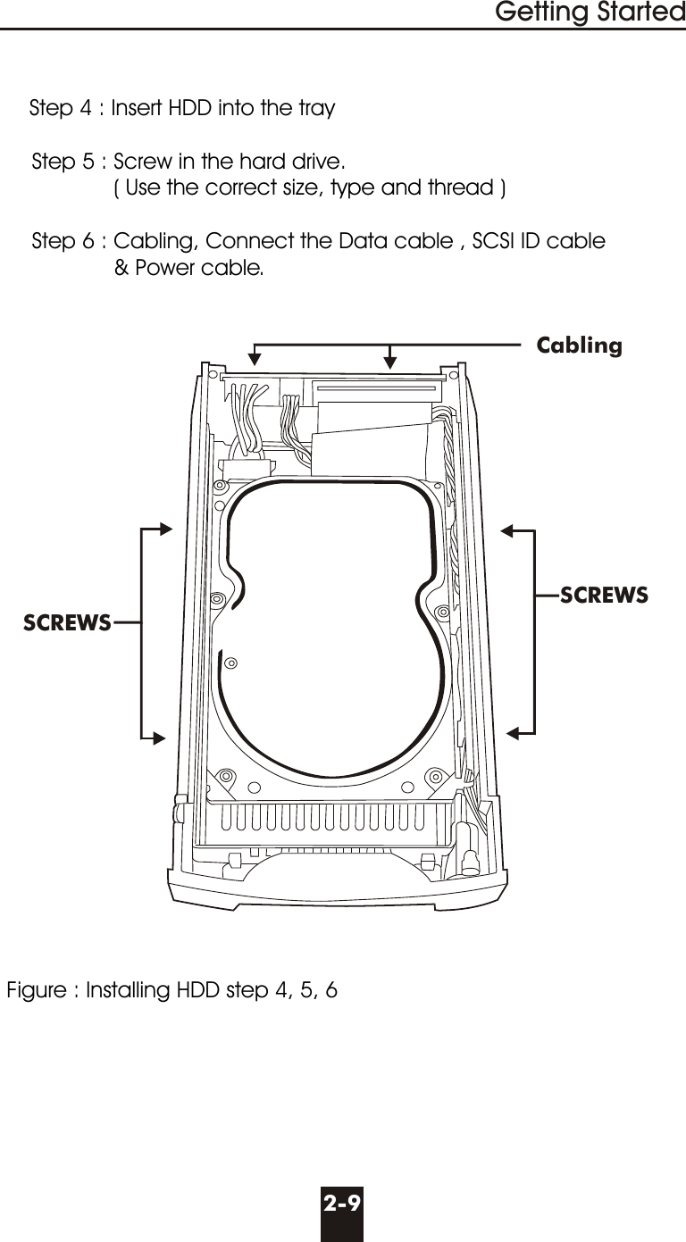 Step 4 : Insert HDD into the tray      Step 5 : Screw in the hard drive.                  ( Use the correct size, type and thread )     Step 6 : Cabling, Connect the Data cable , SCSI ID cable                   &amp; Power cable. Figure : Installing HDD step 4, 5, 6Getting Started2-9SCREWSSCREWSCabling