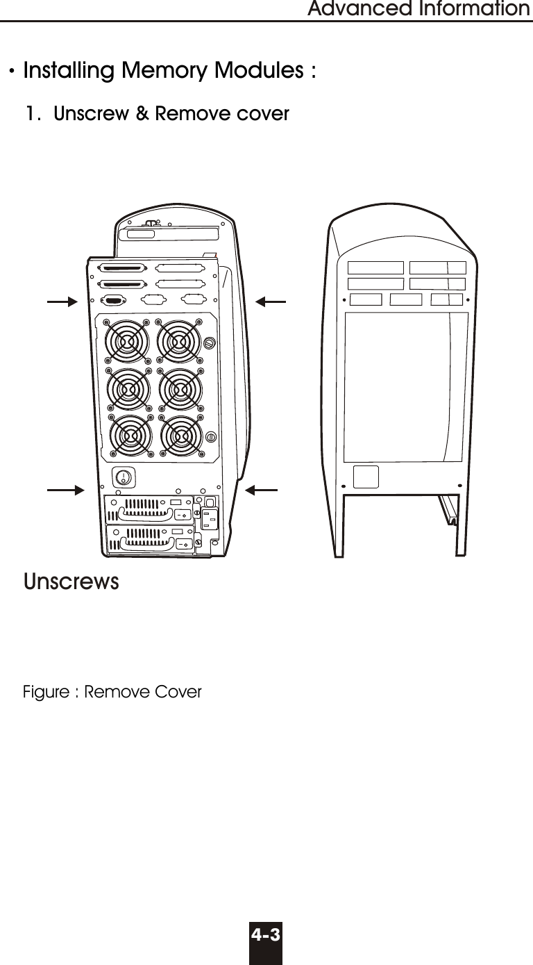 Installing Memory Modules :     1.  Unscrew &amp; Remove coverFigure : Remove Cover4-3Advanced InformationUnscrews