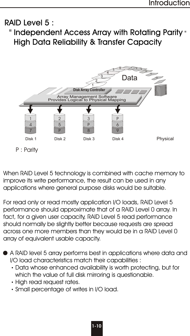 IntroductionWhen RAID Level 5 technology is combined with cache memory to improve its write performance, the result can be used in any applications where general purpose disks would be suitable.For read only or read mostly application I/O loads, RAID Level 5 performance should approximate that of a RAID Level 0 array. In fact, for a given user capacity, RAID Level 5 read performance should normally be slightly better because requests are spread across one more members than they would be in a RAID Level 0 array of equivalent usable capacity.    A RAID level 5 array performs best in applications where data and      I/O load characteristics match their capabilities :Data whose enhanced availability is worth protecting, but for         which the value of full disk mirroring is questionable.High read request rates.Small percentage of writes in I/O load.  RAID Level 5 :  &quot; Independent Access Array with Rotating Parity &quot;    High Data Reliability &amp; Transfer Capacity1-10P : ParityDisk 1 PhysicalData1234  567891011 12Disk Array ControllerArray Management SoftwareProvides Logical to Physical MappingP693P825PDisk 2 Disk 3 Disk 4147