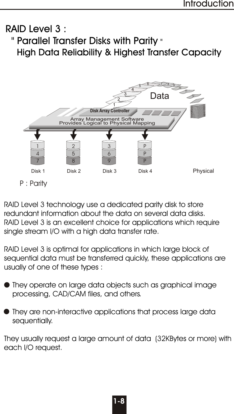 1-8IntroductionRAID Level 3 technology use a dedicated parity disk to store redundant information about the data on several data disks.RAID Level 3 is an excellent choice for applications which require single stream I/O with a high data transfer rate.RAID Level 3 is optimal for applications in which large block of sequential data must be transferred quickly, these applications are usually of one of these types :    They operate on large data objects such as graphical image    processing, CAD/CAM files, and others.    They are non-interactive applications that process large data    sequentially.They usually request a large amount of data  (32KBytes or more) with each I/O request.RAID Level 3 :  &quot; Parallel Transfer Disks with Parity &quot;    High Data Reliability &amp; Highest Transfer CapacityP : ParityDisk 1 PhysicalPPPData1234  567891011 12Disk Array ControllerArray Management SoftwareProvides Logical to Physical Mapping369258Disk 2 Disk 3 Disk 4147