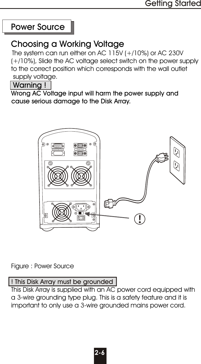 Host PortTerminal Port     Power Source     Choosing a Working VoltageThe system can run either on AC 115V (+/10%) or AC 230V        (+/10%), Slide the AC voltage select switch on the power supply       to the correct position which corresponds with the wall outlet       supply voltage.       Warning !      Wrong AC Voltage input will harm the power supply and      cause serious damage to the Disk Array.      Figure : Power Source            This Disk Array is supplied with an AC power cord equipped with       a 3-wire grounding type plug. This is a safety feature and it is      important to only use a 3-wire grounded mains power cord.! This Disk Array must be grounded2-6Getting Started
