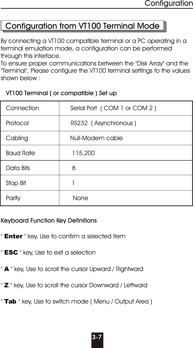 3-7Configuration  Configuration from VT100 Terminal ModeBy connecting a VT100 compatible terminal or a PC operating in a terminal emulation mode, a configuration can be performed through this interface.To ensure proper communications between the &quot;Disk Array&quot; and the &quot;Terminal&quot;, Please configure the VT100 terminal settings to the values shown below :    VT100 Terminal ( or compatible ) Set up   Connection                  Serial Port  ( COM 1 or COM 2 )   Protocol                        RS232  ( Asynchronous )   Cabling                        Null-Modem cable   Baud Rate                     115,200   Data Bits                        8   Stop Bit                          1   Parity                              NoneKeyboard Function Key Definitions&quot; Enter &quot; key, Use to confirm a selected item&quot; ESC &quot; key, Use to exit a selection&quot; A &quot; key, Use to scroll the cursor Upward / Rightward&quot; Z &quot; key, Use to scroll the cursor Downward / Leftward&quot; Tab  &quot; key, Use to switch mode ( Menu / Output Area )