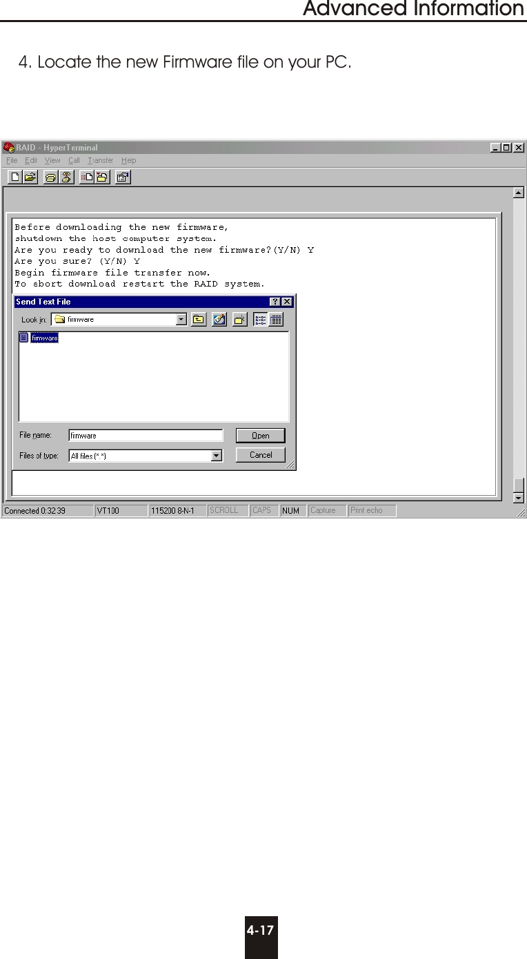 4-17Advanced Information4. Locate the new Firmware file on your PC.