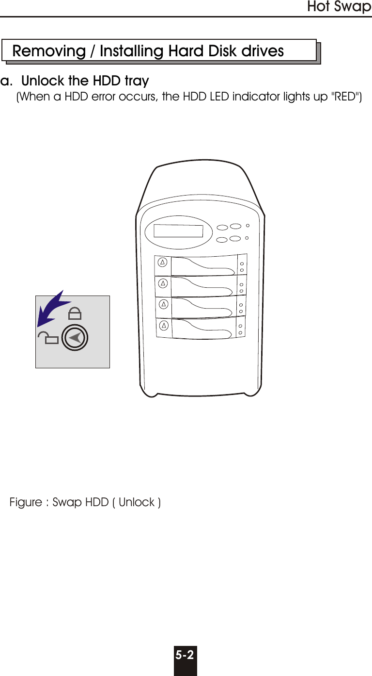 Hot Swap5-2   Removing / Installing Hard Disk drivesa.  Unlock the HDD tray    (When a HDD error occurs, the HDD LED indicator lights up &quot;RED&quot;)Figure : Swap HDD ( Unlock )
