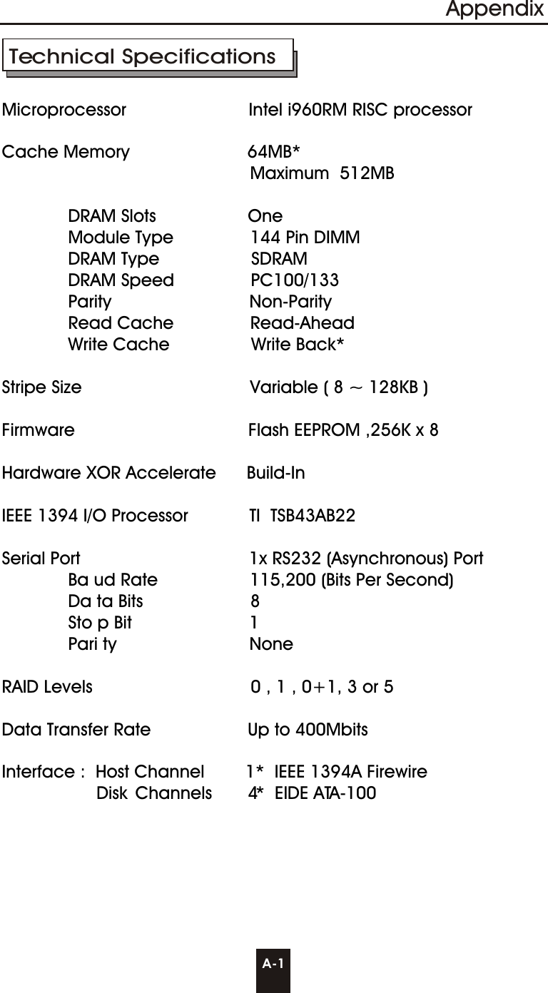  A-1AppendixMicroprocessor                        Intel i960RM RISC processor Cache Memory                       64MB*                                                  Maximum   512MB             DRAM Slots                  One             Module Type               144 Pin DIMM             DRAM Type                  SDRAM               DRAM Speed               PC100/133                     Parity                           Non-Parity             Read Cache               Read-Ahead             Write Cache                Write Back*Stripe Size                                 Variable ( 8 ~ 128KB )             Firmware                                  Flash EEPROM ,256K x 8 Hardware XOR Accelerate      Build-InIEEE 1394 I/O Processor            TI  TSB43AB22Serial Port                                 1x RS232 (Asynchronous) Port             Ba ud Rate                  115,200 (Bits Per Second)              Da ta Bits                     8             Sto p Bit                       1             Pari ty                          NoneRAID Levels                               0 , 1 , 0+1, 3 or 5                             Data Transfer Rate                   Up to 400MbitsInterface :  Host Channel        1*  IEEE 1394A Firewire                    Disk  Channels       4*   EIDE  ATA-100Technical Specifications