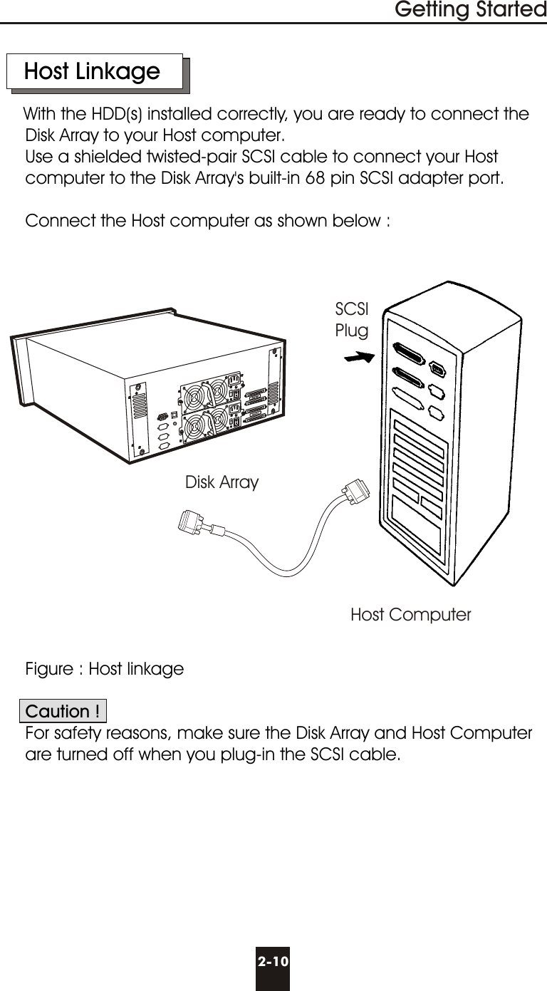     Host LinkageWith the HDD(s) installed correctly, you are ready to connect the     Disk Array to your Host computer.     Use a shielded twisted-pair SCSI cable to connect your Host       computer to the Disk Array&apos;s built-in 68 pin SCSI adapter port.     Connect the Host computer as shown below :     Figure : Host linkage     Caution !     For safety reasons, make sure the Disk Array and Host Computer        are turned off when you plug-in the SCSI cable.2-10Getting StartedDisk ArrayHost ComputerSCSIPlug