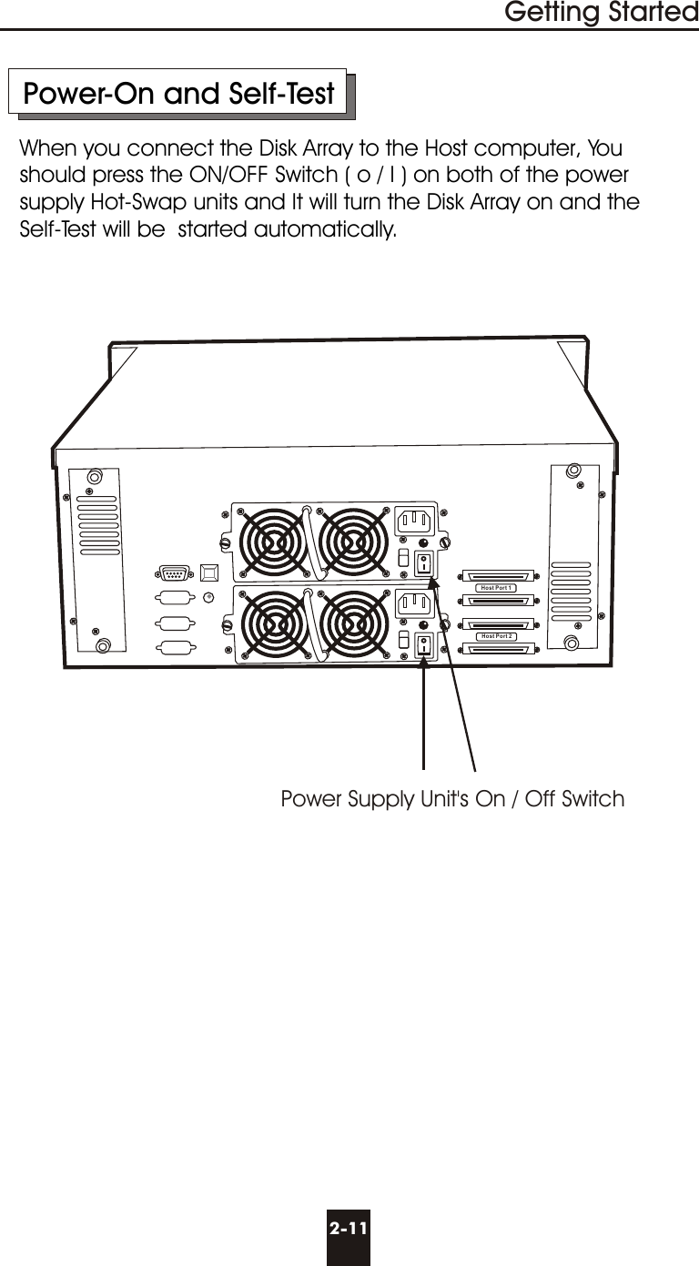 Host Port 1Host Port 2   Power-On and Self-Test   When you connect the Disk Array to the Host computer, You     should press the ON/OFF Switch ( o / I ) on both of the power    supply Hot-Swap units and It will turn the Disk Array on and the    Self-Test will be  started automatically.     2-11Getting StartedPower Supply Unit&apos;s On / Off Switch