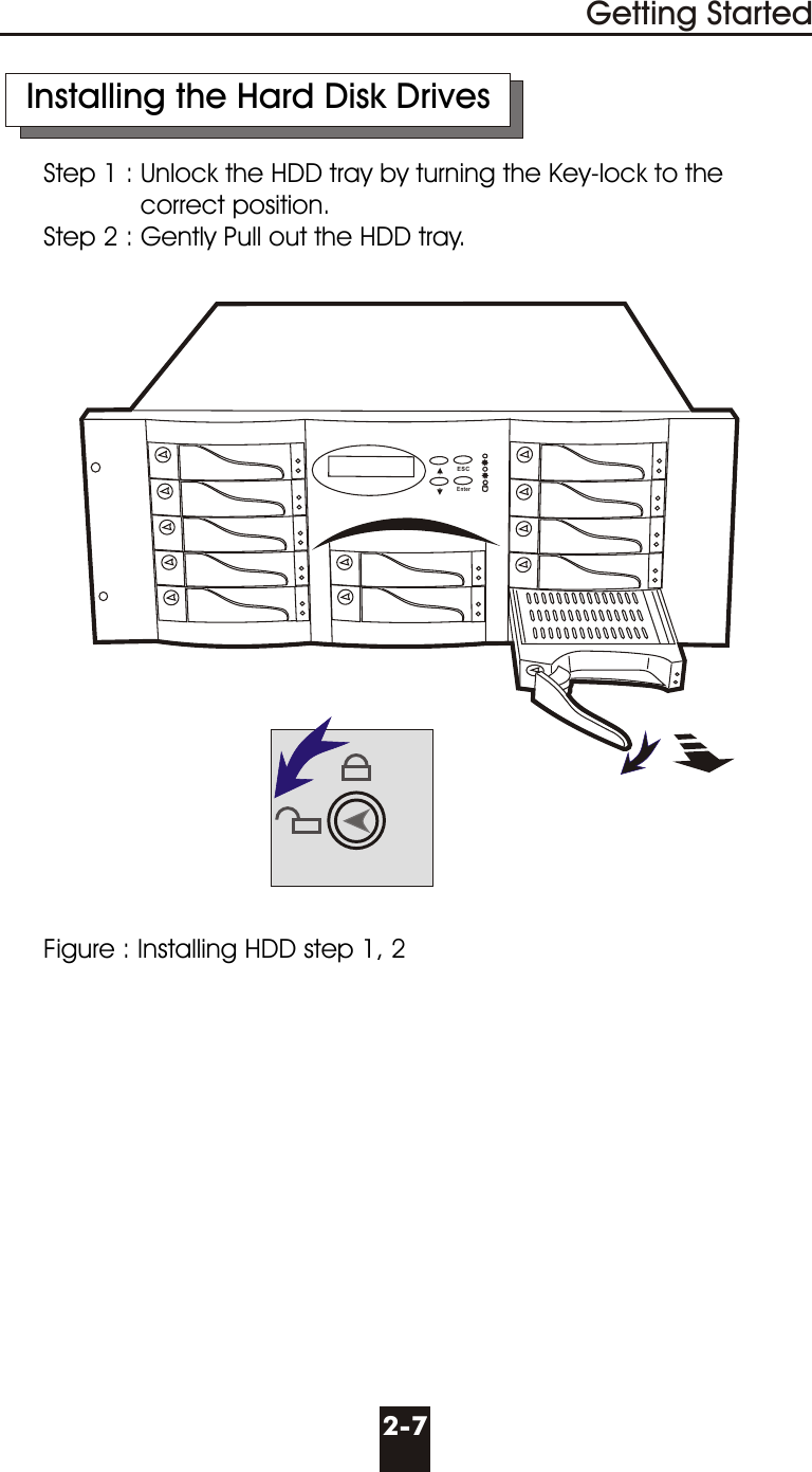 2-7Getting StartedFigure : Installing HDD step 1, 2Installing the Hard Disk DrivesStep 1 : Unlock the HDD tray by turning the Key-lock to the             correct position.Step 2 : Gently Pull out the HDD tray.ESCEnter