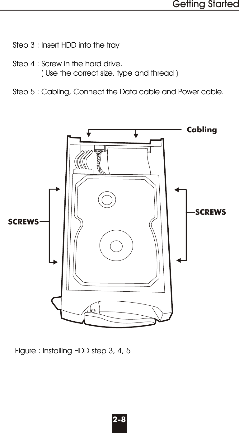 Getting Started2-8SCREWSSCREWSCabling Figure : Installing HDD step 3, 4, 5Step 3 : Insert HDD into the tray Step 4 : Screw in the hard drive.             ( Use the correct size, type and thread )Step 5 : Cabling, Connect the Data cable and Power cable.