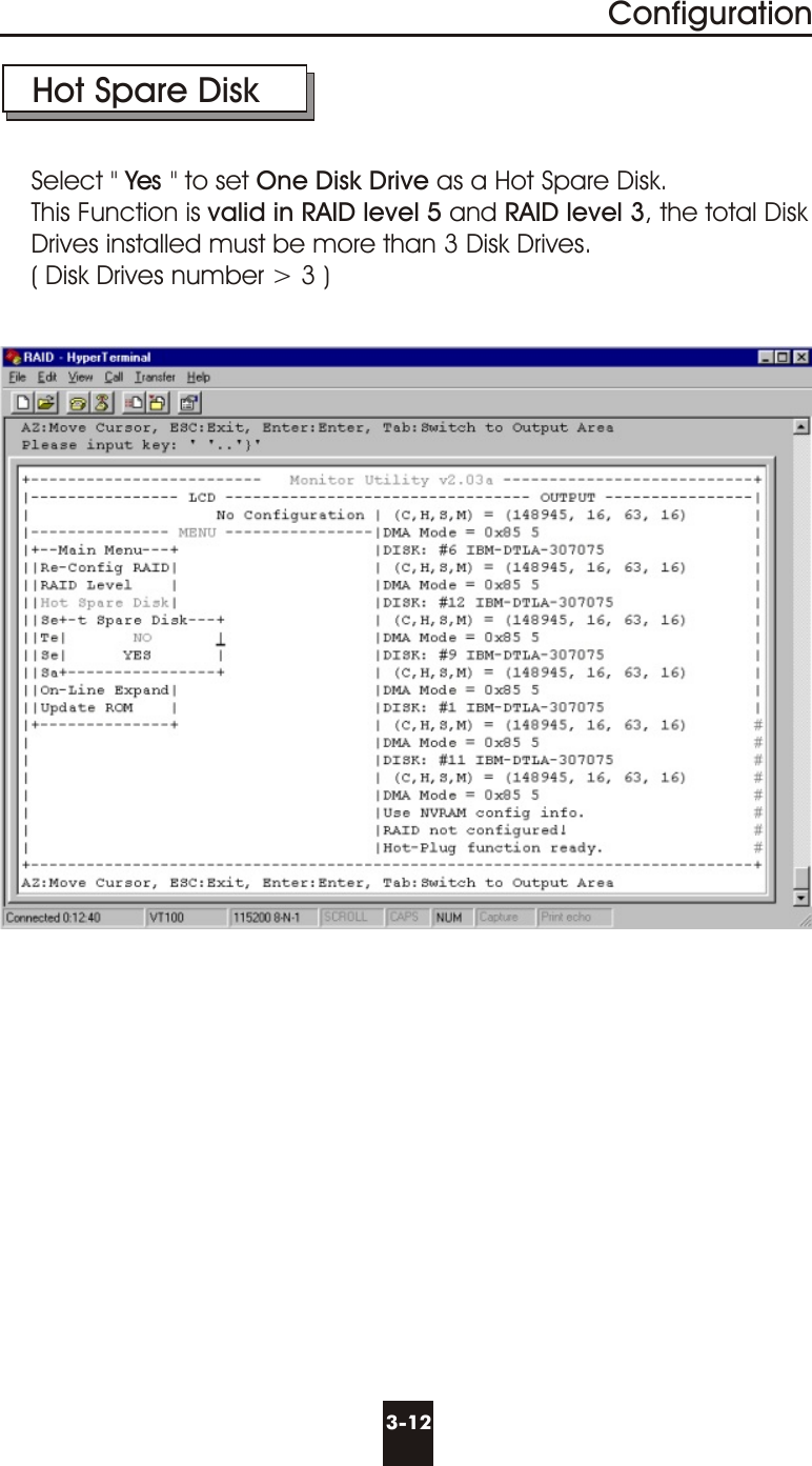 3-12ConfigurationHot Spare DiskSelect &quot; Yes &quot; to set One Disk Drive as a Hot Spare Disk.This Function is valid in RAID level 5 and RAID level 3, the total DiskDrives installed must be more than 3 Disk Drives.( Disk Drives number &gt; 3 )