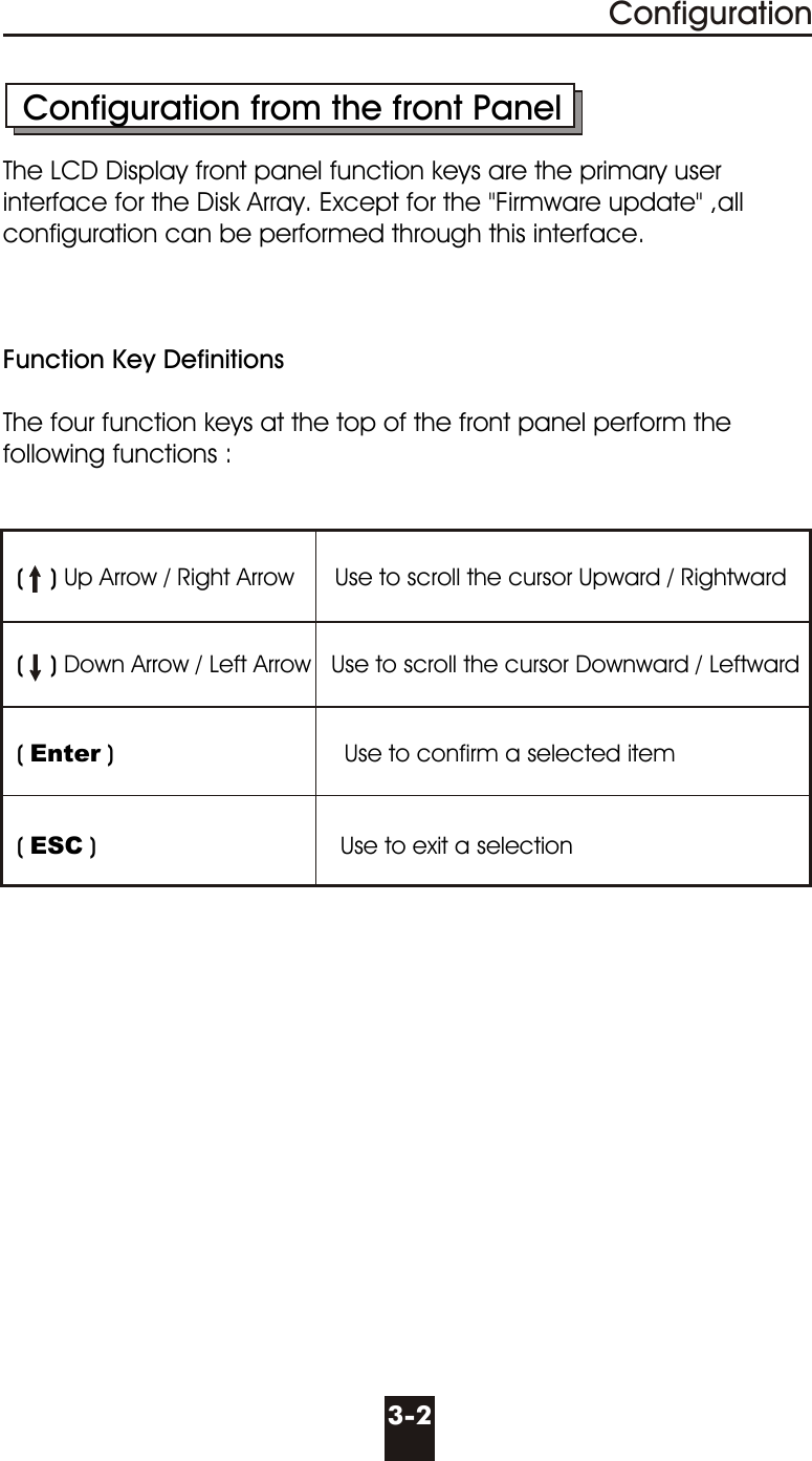   Configuration from the front PanelThe LCD Display front panel function keys are the primary user interface for the Disk Array. Except for the &quot;Firmware update&quot; ,all configuration can be performed through this interface.Function Key DefinitionsThe four function keys at the top of the front panel perform the following functions :  (    ) Up Arrow / Right Arrow      Use to scroll the cursor Upward / Rightward  (    ) Down Arrow / Left Arrow   Use to scroll the cursor Downward / Leftward  ( Enter )                                  Use to confirm a selected item  ( ESC )                                    Use to exit a selectionConfiguration3-2