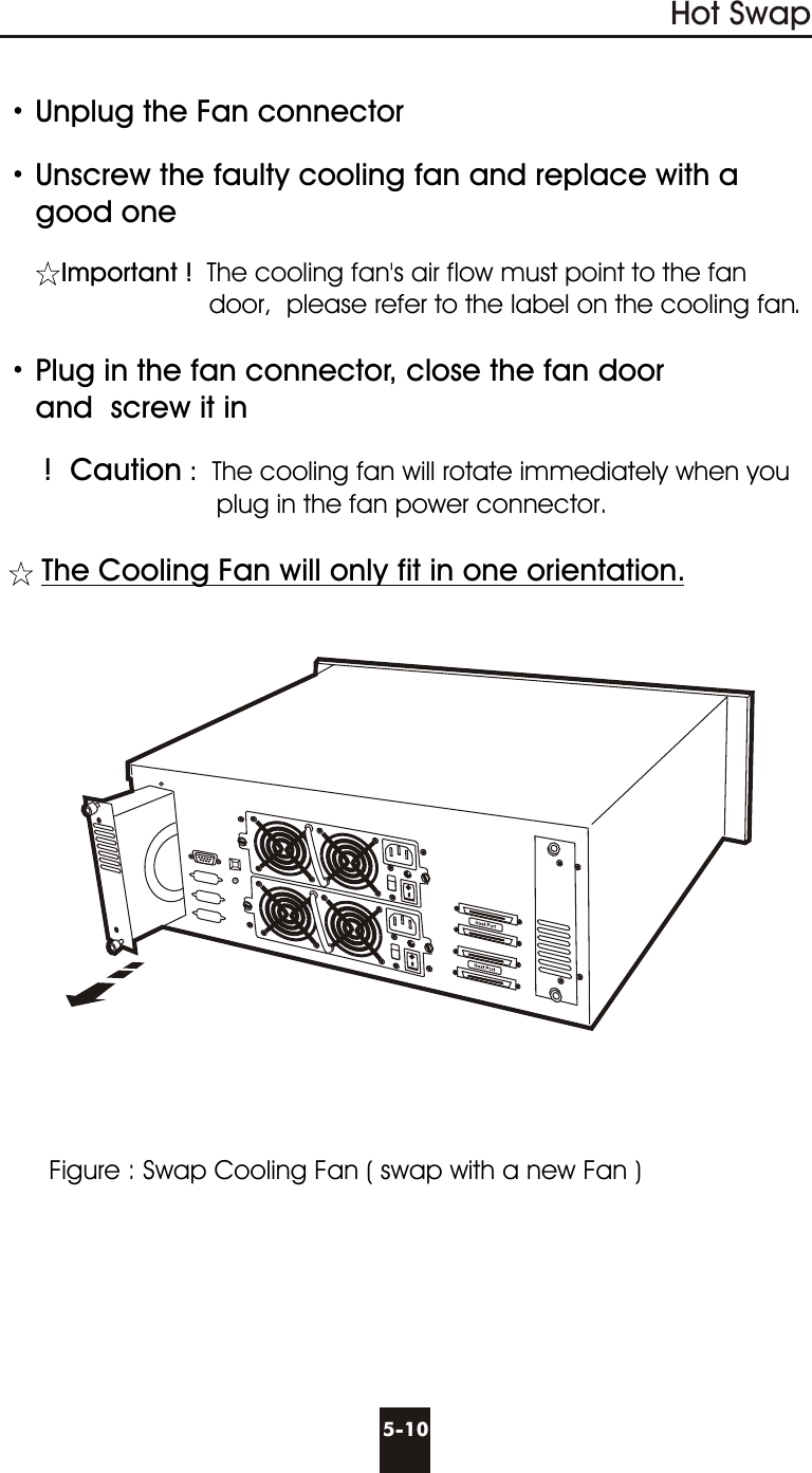 Unplug the Fan connectorUnscrew the faulty cooling fan and replace with a       good oneImportant ! The cooling fan&apos;s air flow must point to the fan                               door,  please refer to the label on the cooling fan. Plug in the fan connector, close the fan door     and  screw it in !  Caution :  The cooling fan will rotate immediately when you                              plug in the fan power connector.   The Cooling Fan will only fit in one orientation.5-10Hot SwapFigure : Swap Cooling Fan ( swap with a new Fan )