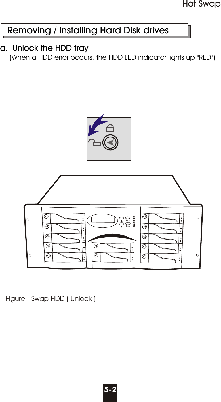 Hot Swap5-2   Removing / Installing Hard Disk drivesa.  Unlock the HDD tray    (When a HDD error occurs, the HDD LED indicator lights up &quot;RED&quot;)Figure : Swap HDD ( Unlock )ESCEnter