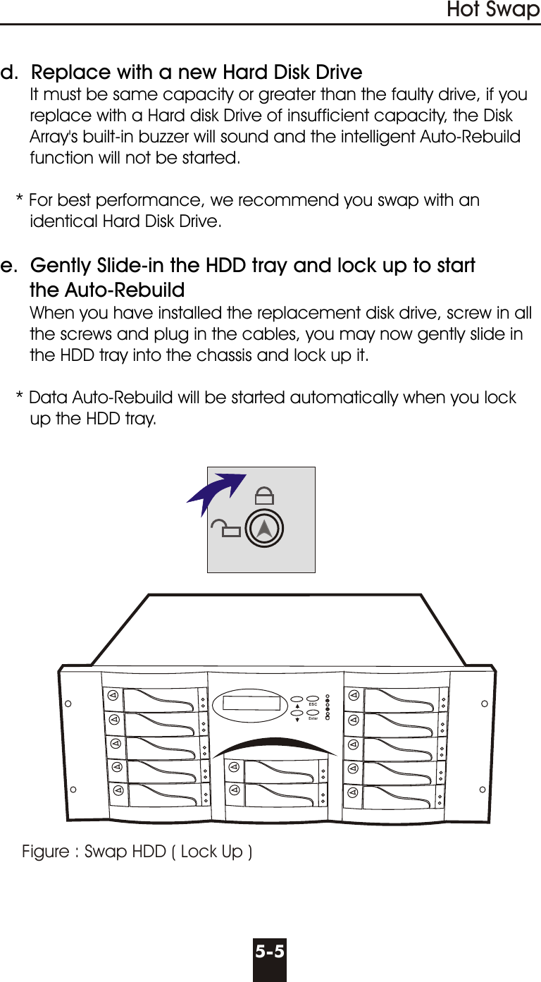 Figure : Swap HDD ( Lock Up )Hot Swap5-5d.  Replace with a new Hard Disk Drive      It must be same capacity or greater than the faulty drive, if you      replace with a Hard disk Drive of insufficient capacity, the Disk      Array&apos;s built-in buzzer will sound and the intelligent Auto-Rebuild      function will not be started.   * For best performance, we recommend you swap with an      identical Hard Disk Drive.e.  Gently Slide-in the HDD tray and lock up to start     the Auto-Rebuild      When you have installed the replacement disk drive, screw in all      the screws and plug in the cables, you may now gently slide in      the HDD tray into the chassis and lock up it.   * Data Auto-Rebuild will be started automatically when you lock      up the HDD tray.ESCEnter