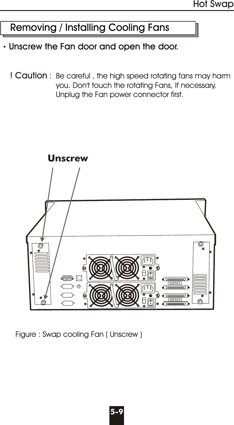 Host Port 1Host Port 2    Removing / Installing Cooling FansUnscrew the Fan door and open the door.    :  Be careful , the high speed rotating fans may harm                           you. Don&apos;t touch the rotating Fans, If necessary,                           Unplug the Fan power connector first.! Caution 5-9Hot SwapUnscrew Figure : Swap cooling Fan ( Unscrew )