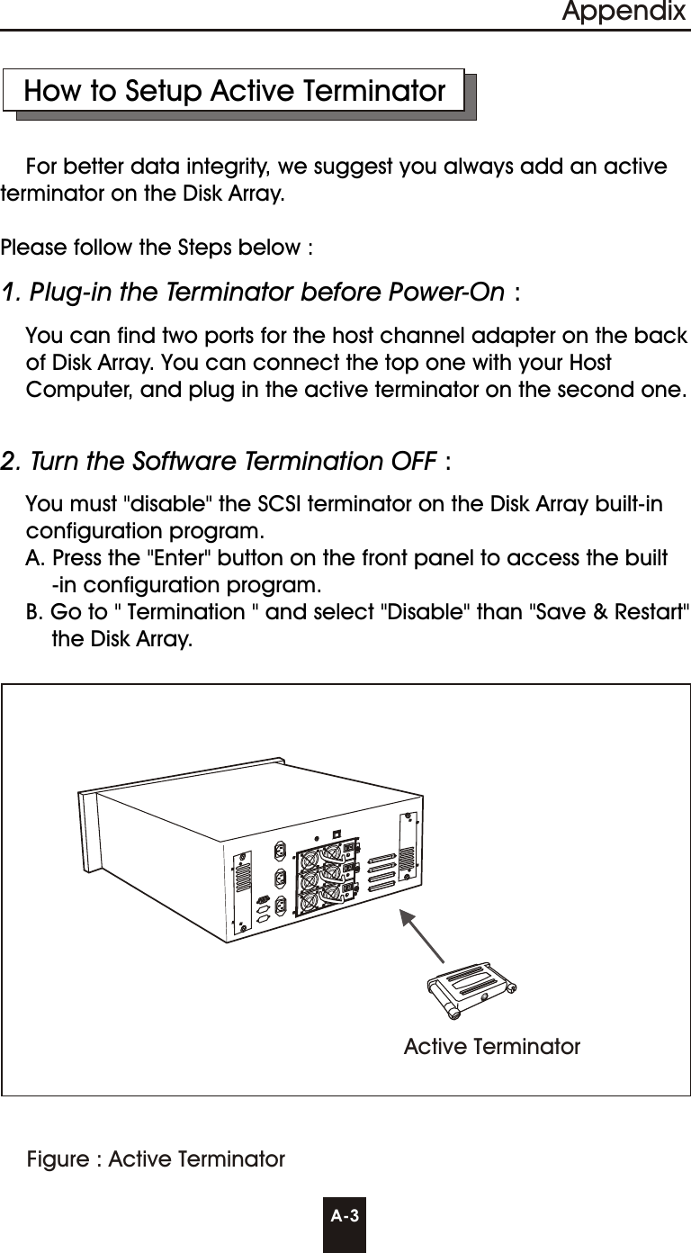 How to Setup Active Terminator    For better data integrity, we suggest you always add an active terminator on the Disk Array.Please follow the Steps below :1. Plug-in the Terminator before Power-On :    You can find two ports for the host channel adapter on the back    of Disk Array. You can connect the top one with your Host    Computer, and plug in the active terminator on the second one.2. Turn the Software Termination OFF :    You must &quot;disable&quot; the SCSI terminator on the Disk Array built-in    configuration program.    A. Press the &quot;Enter&quot; button on the front panel to access the built        -in configuration program.    B. Go to &quot; Termination &quot; and select &quot;Disable&quot; than &quot;Save &amp; Restart&quot;        the Disk Array.2-7Figure : Active TerminatorActive TerminatorAppendix A-3