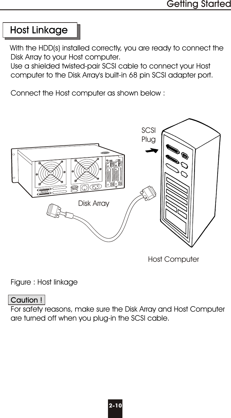     Host LinkageWith the HDD(s) installed correctly, you are ready to connect the     Disk Array to your Host computer.     Use a shielded twisted-pair SCSI cable to connect your Host       computer to the Disk Array&apos;s built-in 68 pin SCSI adapter port.     Connect the Host computer as shown below :     Figure : Host linkage     Caution !     For safety reasons, make sure the Disk Array and Host Computer        are turned off when you plug-in the SCSI cable.2-10Getting StartedDisk ArrayHost ComputerSCSIPlug