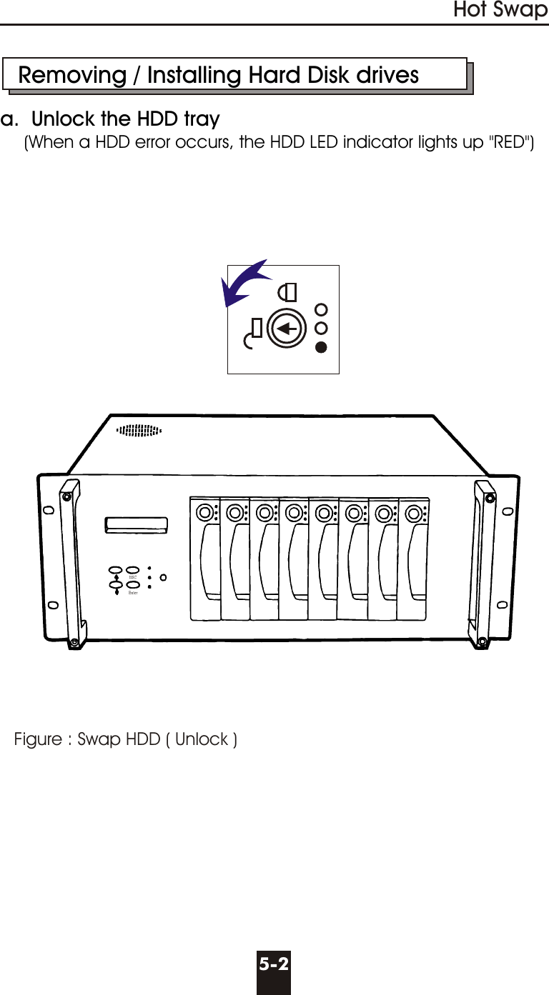 Hot Swap5-2   Removing / Installing Hard Disk drivesa.  Unlock the HDD tray    (When a HDD error occurs, the HDD LED indicator lights up &quot;RED&quot;)Figure : Swap HDD ( Unlock )