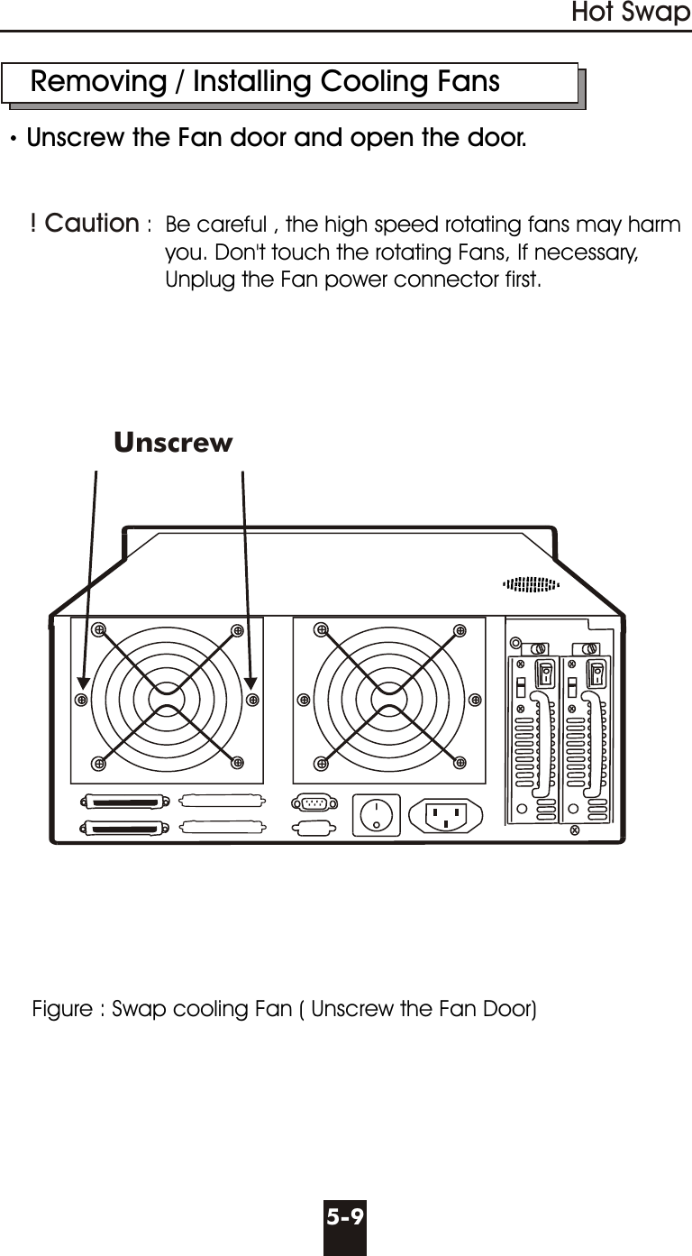     Removing / Installing Cooling FansUnscrew the Fan door and open the door.    :  Be careful , the high speed rotating fans may harm                           you. Don&apos;t touch the rotating Fans, If necessary,                           Unplug the Fan power connector first.     Figure : Swap cooling Fan ( Unscrew the Fan Door)! Caution 5-9Hot SwapUnscrew