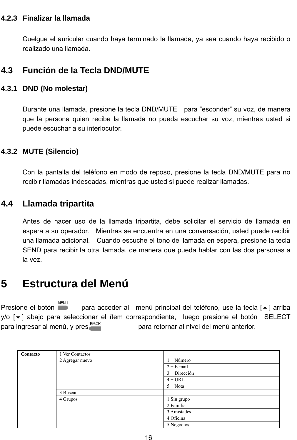           16  4.2.3 Finalizar la llamada  Cuelgue el auricular cuando haya terminado la llamada, ya sea cuando haya recibido o realizado una llamada. 4.3  Función de la Tecla DND/MUTE 4.3.1 DND (No molestar)  Durante una llamada, presione la tecla DND/MUTE    para “esconder” su voz, de manera que la persona quien recibe la llamada no pueda escuchar su voz, mientras usted si puede escuchar a su interlocutor.  4.3.2 MUTE (Silencio)  Con la pantalla del teléfono en modo de reposo, presione la tecla DND/MUTE para no recibir llamadas indeseadas, mientras que usted si puede realizar llamadas. 4.4 Llamada tripartita Antes de hacer uso de la llamada tripartita, debe solicitar el servicio de llamada en espera a su operador.    Mientras se encuentra en una conversación, usted puede recibir una llamada adicional.    Cuando escuche el tono de llamada en espera, presione la tecla                     SEND para recibir la otra llamada, de manera que pueda hablar con las dos personas a la vez.  5  Estructura del Menú  Presione el botón             para acceder al   menú principal del teléfono, use la tecla [] arriba y/o [] abajo para seleccionar el ítem correspondiente,  luego presione el botón  SELECT para ingresar al menú, y presione                      para retornar al nivel del menú anterior.   1 Ver Contactos   1 + Número 2 + E-mail 3 + Dirección 4 + URL 2 Agregar nuevo 5 + Nota 3 Buscar   1 Sin grupo 2 Familia 3 Amistades 4 Oficina Contacto 4 Grupos 5 Negocios 