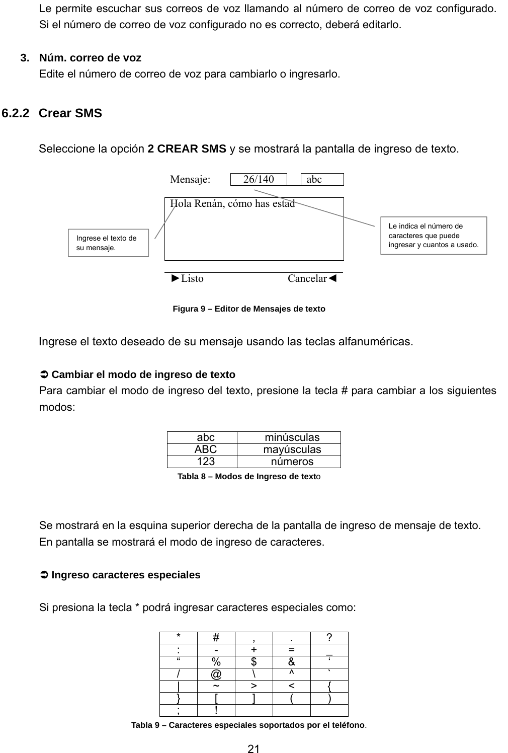           21 Le permite escuchar sus correos de voz llamando al número de correo de voz configurado.   Si el número de correo de voz configurado no es correcto, deberá editarlo.  3.  Núm. correo de voz Edite el número de correo de voz para cambiarlo o ingresarlo.  6.2.2 Crear SMS  Seleccione la opción 2 CREAR SMS y se mostrará la pantalla de ingreso de texto.  Mensaje: 26/140  abc         Hola Renán, cómo has estad         ►Listo  Cancelar◄ Figura 9 – Editor de Mensajes de texto  Ingrese el texto deseado de su mensaje usando las teclas alfanuméricas.    Â Cambiar el modo de ingreso de texto Para cambiar el modo de ingreso del texto, presione la tecla # para cambiar a los siguientes modos:  abc minúsculas ABC mayúsculas 123 números Tabla 8 – Modos de Ingreso de texto   Se mostrará en la esquina superior derecha de la pantalla de ingreso de mensaje de texto. En pantalla se mostrará el modo de ingreso de caracteres.  Â Ingreso caracteres especiales  Si presiona la tecla * podrá ingresar caracteres especiales como:  * # ,  . ? : - + = _ “ % $ &amp;  ‘ / @ \  ^  ` |  ~ &gt; &lt;  { } [ ] ( ) ; !    Tabla 9 – Caracteres especiales soportados por el teléfono. Le indica el número de caracteres que puede ingresar y cuantos a usado.Ingrese el texto de su mensaje. 