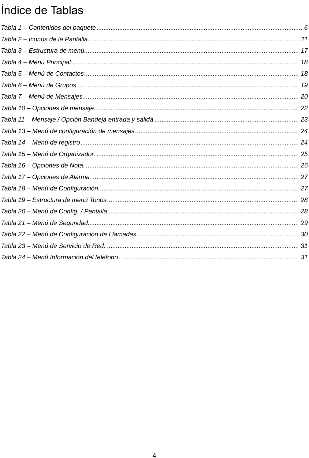           4 Índice de Tablas Tabla 1 – Contenidos del paquete..................................................................................................................... 6 Tabla 2 – Iconos de la Pantalla.........................................................................................................................11 Tabla 3 – Estructura de menú.......................................................................................................................... 17 Tabla 4 – Menú Principal ................................................................................................................................. 18 Tabla 5 – Menú de Contactos.......................................................................................................................... 18 Tabla 6 – Menú de Grupos .............................................................................................................................. 19 Tabla 7 – Menú de Mensajes........................................................................................................................... 20 Tabla 10 – Opciones de mensaje.................................................................................................................... 22 Tabla 11 – Mensaje / Opción Bandeja entrada y salida .................................................................................. 23 Tabla 13 – Menú de configuración de mensajes............................................................................................. 24 Tabla 14 – Menú de registro............................................................................................................................ 24 Tabla 15 – Menú de Organizador. ................................................................................................................... 25 Tabla 16 – Opciones de Nota. ......................................................................................................................... 26 Tabla 17 – Opciones de Alarma. ..................................................................................................................... 27 Tabla 18 – Menú de Configuración.................................................................................................................. 27 Tabla 19 – Estructura de menú Tonos............................................................................................................. 28 Tabla 20 – Menú de Config. / Pantalla............................................................................................................. 28 Tabla 21 – Menú de Seguridad........................................................................................................................ 29 Tabla 22 – Menú de Configuración de Llamadas............................................................................................ 30 Tabla 23 – Menú de Servicio de Red. ............................................................................................................. 31 Tabla 24 – Menú Información del teléfono. ..................................................................................................... 31  