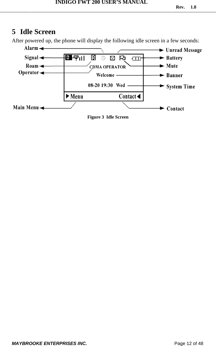   INDIGO FWT 200 USER’S MANUAL  Rev. 1.8  MAYBROOKE ENTERPRISES INC.                                                                    Page 12 of 48  5 Idle Screen After powered up, the phone will display the following idle screen in a few seconds:  Figure 3  Idle Screen           