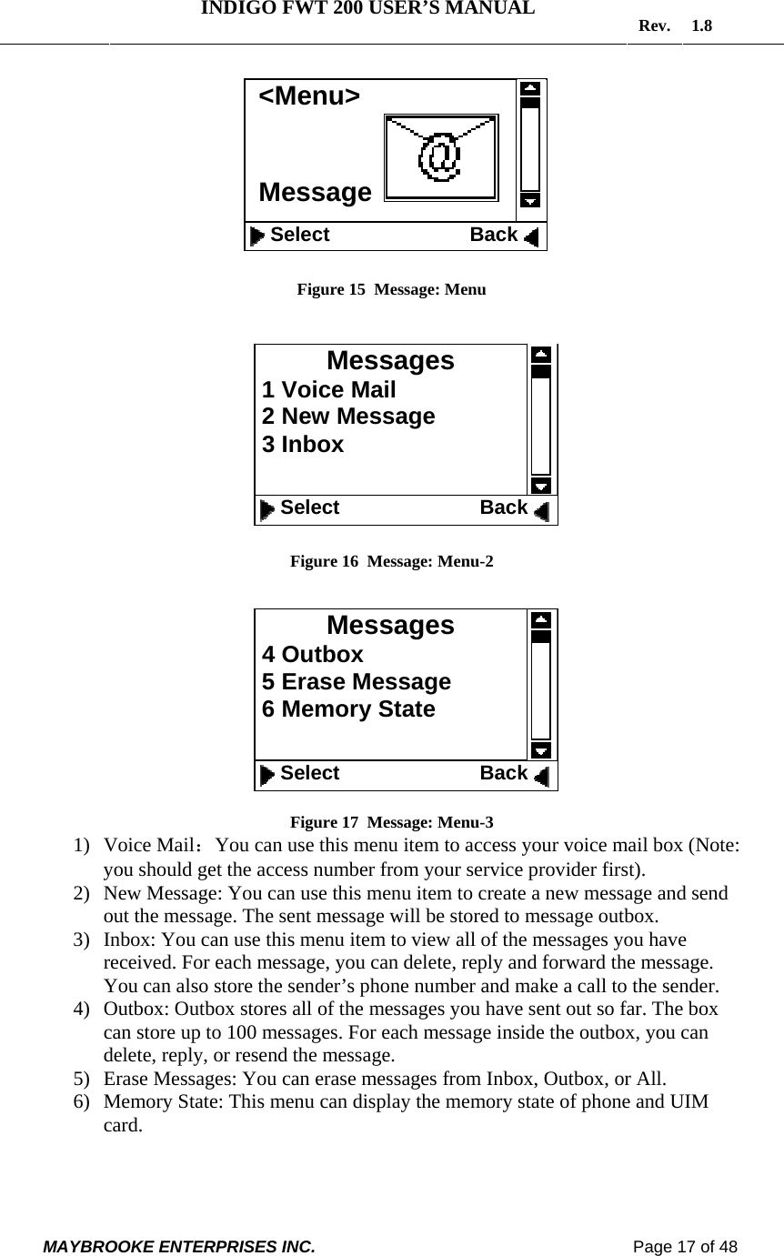   INDIGO FWT 200 USER’S MANUAL  Rev. 1.8  MAYBROOKE ENTERPRISES INC.                                                                    Page 17 of 48    Figure 15  Message: Menu             Figure 16  Message: Menu-2             Figure 17  Message: Menu-3 1) Voice Mail：You can use this menu item to access your voice mail box (Note: you should get the access number from your service provider first).  2) New Message: You can use this menu item to create a new message and send out the message. The sent message will be stored to message outbox. 3) Inbox: You can use this menu item to view all of the messages you have received. For each message, you can delete, reply and forward the message. You can also store the sender’s phone number and make a call to the sender. 4) Outbox: Outbox stores all of the messages you have sent out so far. The box can store up to 100 messages. For each message inside the outbox, you can delete, reply, or resend the message. 5) Erase Messages: You can erase messages from Inbox, Outbox, or All. 6) Memory State: This menu can display the memory state of phone and UIM card. &lt;Menu&gt; Message      Select                         Back Messages  1 Voice Mail   2 New Message  3 Inbox    Select                         Back Messages  4 Outbox  5 Erase Message  6 Memory State    Select                         Back 