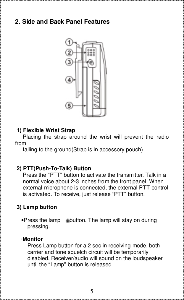 52. Side and Back Panel Features 1) Flexible Wrist Strap     Placing the strap around the wrist will prevent the radiofrom     falling to the ground(Strap is in accessory pouch). 2) PTT(Push-To-Talk) Button     Press the “PTT” button to activate the transmitter. Talk in a     normal voice about 2-3 inches from the front panel. When     external microphone is connected, the external PTT control     is activated. To receive, just release “PTT” button. 3) Lamp button    •Press the lamp      button. The lamp will stay on during        pressing.    ∙Monitor        Press Lamp button for a 2 sec in receiving mode, both        carrier and tone squelch circuit will be temporarily        disabled. Receiver/audio will sound on the loudspeaker        until the “Lamp” button is released.
