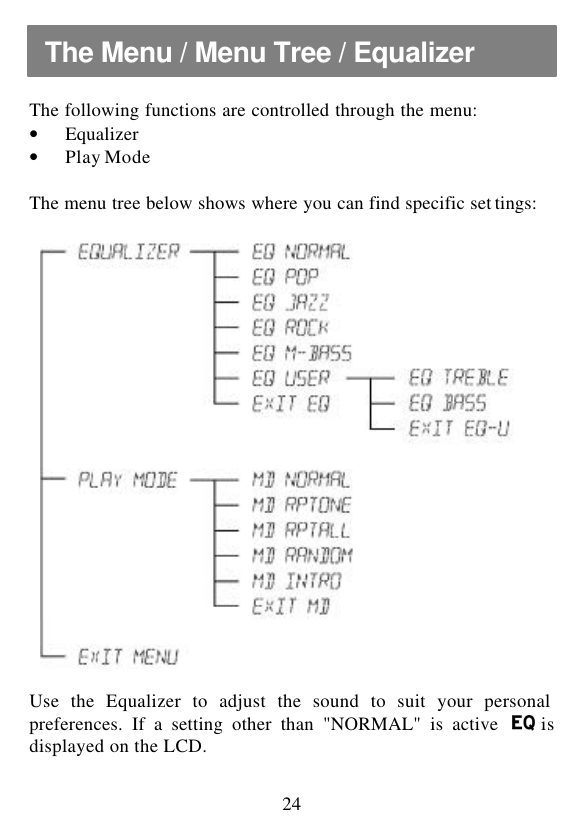  24  The following functions are controlled through the menu: • Equalizer • Play Mode  The menu tree below shows where you can find specific set tings:    Use the Equalizer to adjust the sound to suit your personal preferences. If a setting other than &quot;NORMAL&quot; is active   is displayed on the LCD. The Menu / Menu Tree / Equalizer 