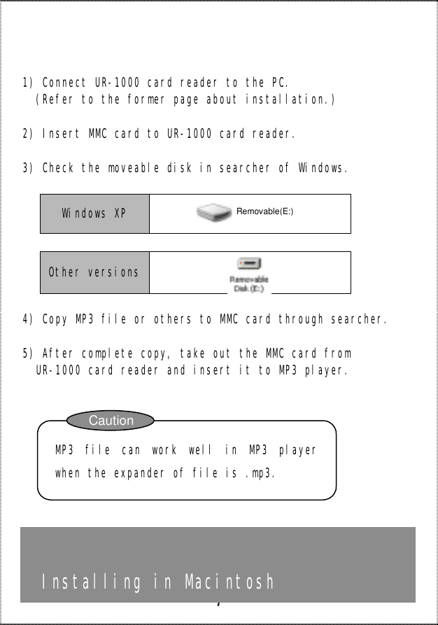  7    1) Connect UR-1000 card reader to the PC. (Refer to the former page about installation.)   2) Insert MMC card to UR-1000 card reader.   3) Check the moveable disk in searcher of Windows.   Windows XP      Other versions    4) Copy MP3 file or others to MMC card through searcher.   5) After complete copy, take out the MMC card from   UR-1000 card reader and insert it to MP3 player.                Installing in Macintosh  MP3 file can work well in MP3 playerwhen the expander of file is .mp3.  Caution Removable(E:) 