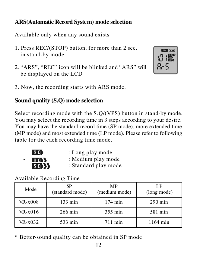  12  ARS(Automatic Record System) mode selection  Available only when any sound exists  1. Press REC/(STOP) button, for more than 2 sec.     in stand-by mode.  2. “ARS”, “REC” icon will be blinked and “ARS” will      be displayed on the LCD   3. Now, the recording starts with ARS mode.  Sound quality (S.Q) mode selection  Select recording mode with the S.Q/(VPS) button in stand-by mode. You may select the recording time in 3 steps according to your desire.  You may have the standard record time (SP mode), more extended time (MP mode) and most extended time (LP mode). Please refer to following table for the each recording time mode.        -                               : Long play mode       -                               : Medium play mode       -                               : Standard play mode  Available Recording Time  Mode SP  (standard mode) MP (medium mode) LP (long mode) VR-x008 133 min 174 min 290 min VR-x016 266 min 355 min 581 min VR-x032 533 min 711 min 1164 min  * Better-sound quality can be obtained in SP mode. 