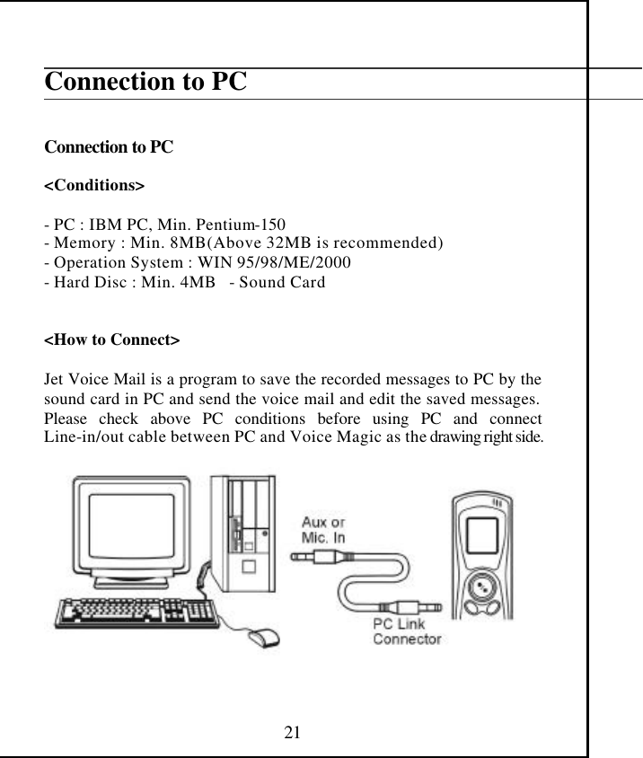  21  Connection to PC   Connection to PC  &lt;Conditions&gt;  - PC : IBM PC, Min. Pentium-150 - Memory : Min. 8MB(Above 32MB is recommended) - Operation System : WIN 95/98/ME/2000 - Hard Disc : Min. 4MB   - Sound Card   &lt;How to Connect&gt;  Jet Voice Mail is a program to save the recorded messages to PC by the sound card in PC and send the voice mail and edit the saved messages. Please check above PC conditions before using PC and connect Line-in/out cable between PC and Voice Magic as the drawing right side.               