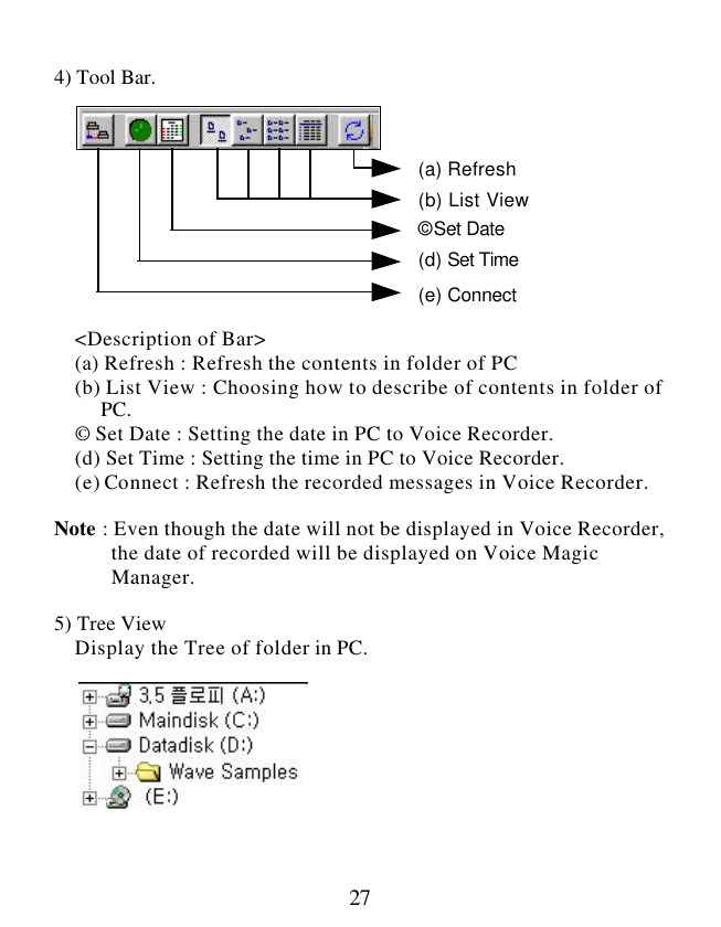  27 (a) Refresh (b) List View  © Set Date  (d) Set Time  (e) Connect   4) Tool Bar.               &lt;Description of Bar&gt;     (a) Refresh : Refresh the contents in folder of PC     (b) List View : Choosing how to describe of contents in folder of          PC.     ©  Set Date : Setting the date in PC to Voice Recorder.     (d) Set Time : Setting the time in PC to Voice Recorder.     (e) Connect : Refresh the recorded messages in Voice Recorder.  Note : Even though the date will not be displayed in Voice Recorder,             the date of recorded will be displayed on Voice Magic            Manager.  5) Tree View     Display the Tree of folder in PC.          