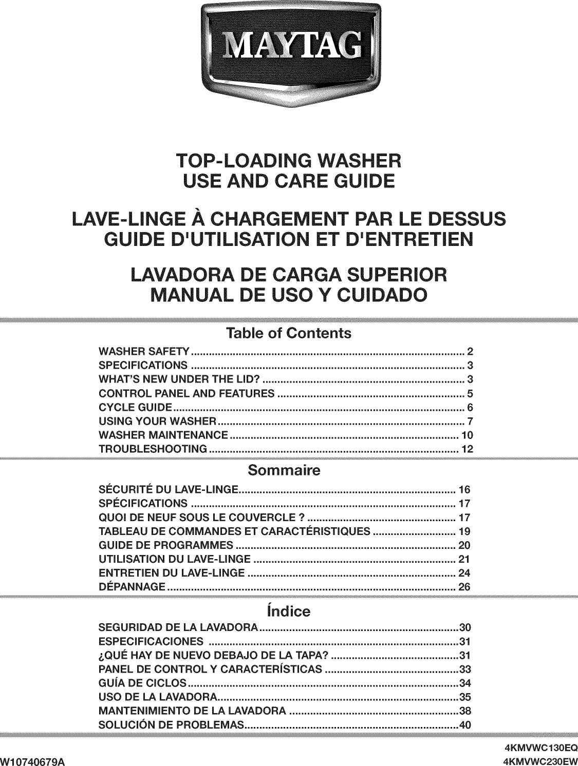 Maytag 4KMVWC130EQ0 1601437L User Manual WASHER Manuals And Guides