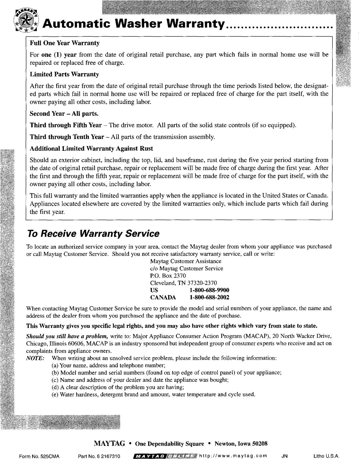 Page 12 of 12 - Maytag LAW9406AAE User Manual  WASHER - Manuals And Guides L0903738