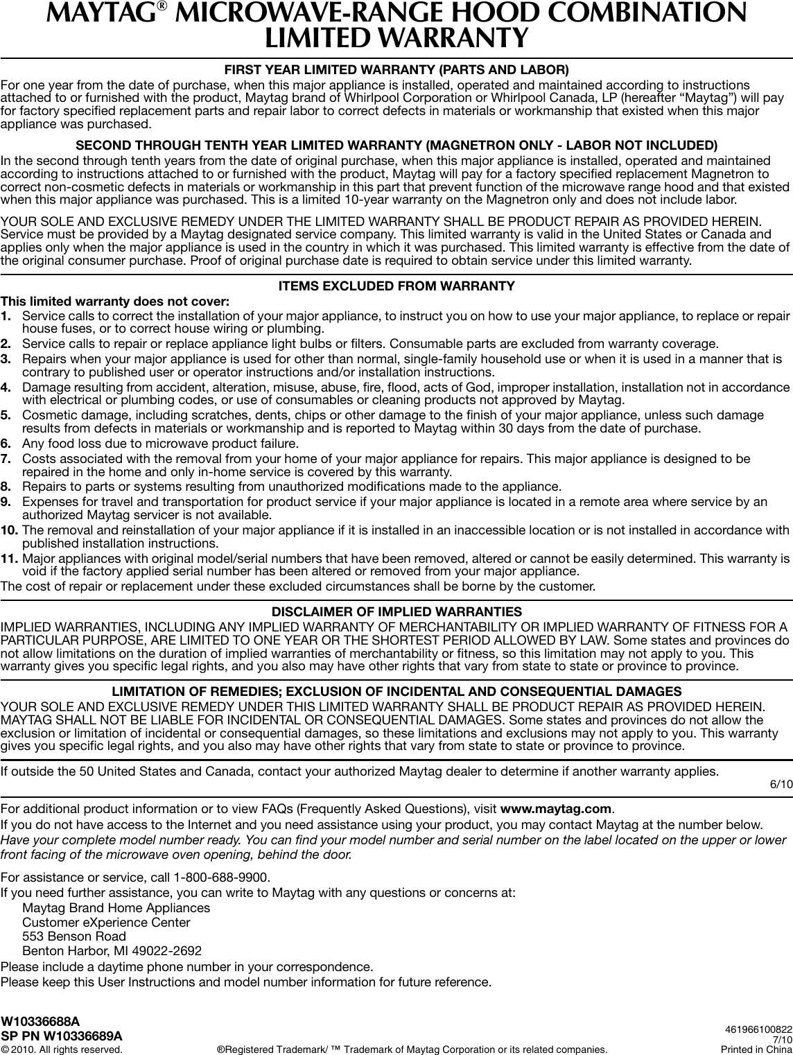 Page 6 of 6 - Maytag Maytag-Maytag-Microwave-Oven-W10336688A-Users-Manual- W10336688A UI MMV5208A  Maytag-maytag-microwave-oven-w10336688a-users-manual