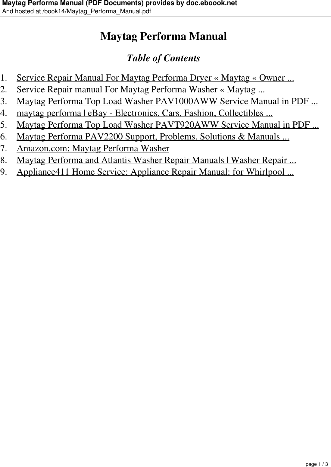 Page 1 of 3 - Maytag Maytag-Maytag-Washer-Dryer-Pav1000Aww-Users-Manual- Performa Manual Maytag-maytag-washer-dryer-pav1000aww-users-manual