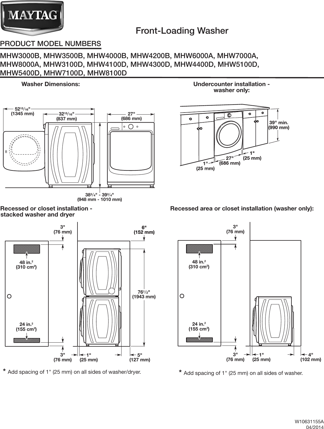 Page 1 of 2 - Maytag Maytag-Mhw7100Dw-Dimension-Guide-  Maytag-mhw7100dw-dimension-guide