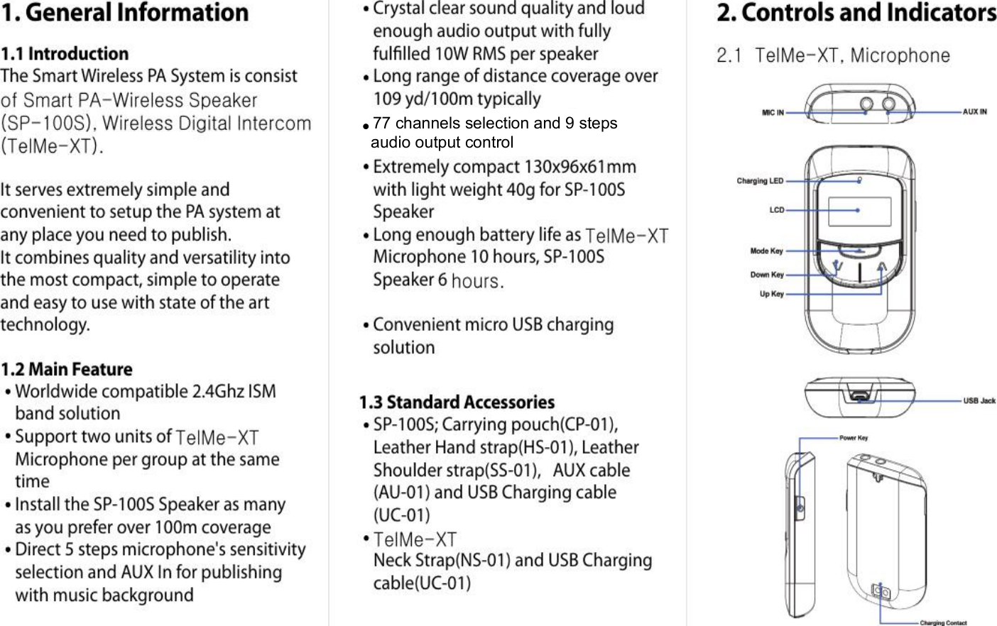 ●77 channels selection and 9 stepsaudio output control