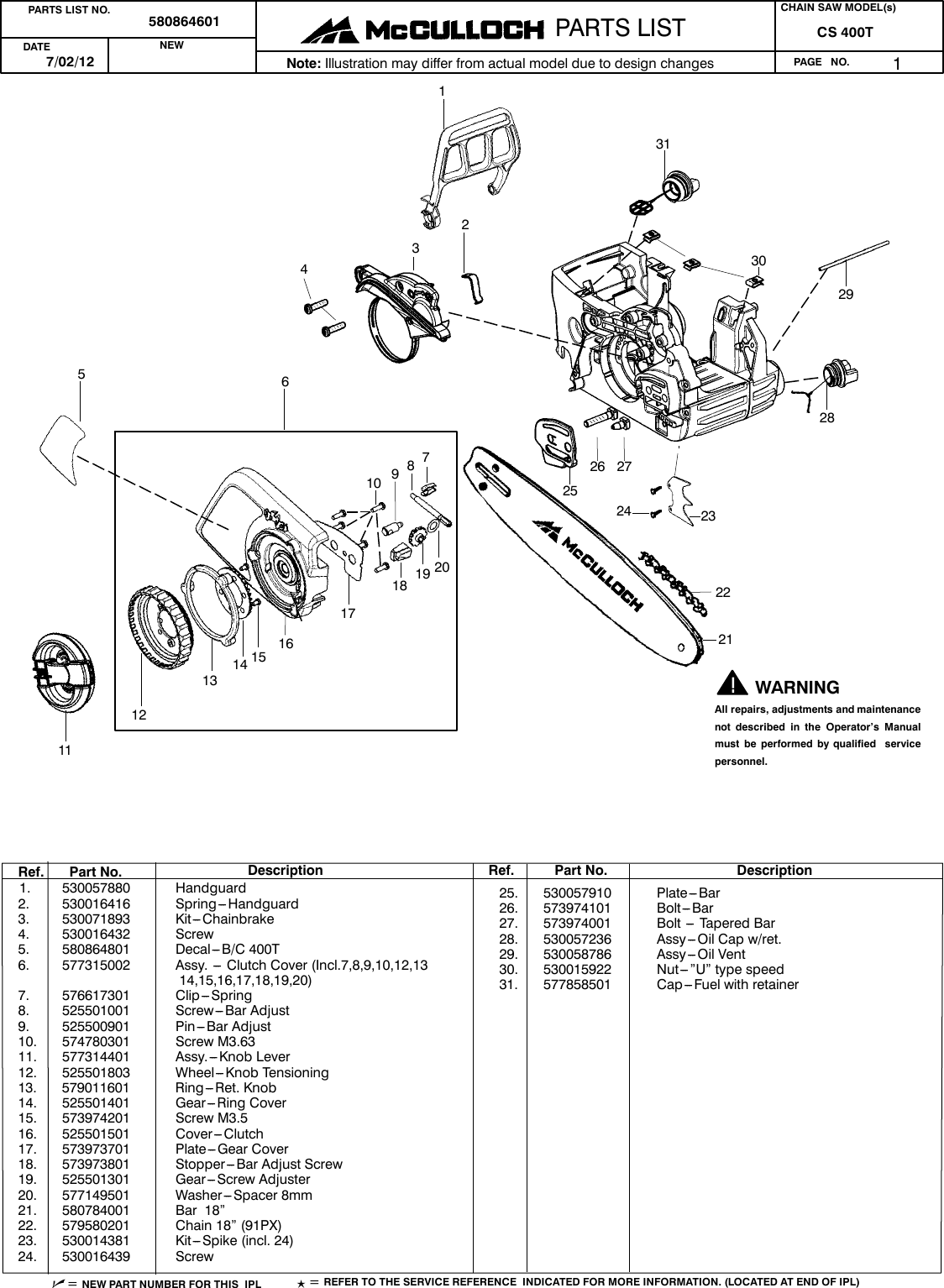 Page 1 of 3 - McCulloch 580864601 IPL, McCulloch, CS 400T, 967156318, 2012-08, Chain Saw User Manual  To The Bb5133b3-e36e-45ab-986c-f56c54bc8378