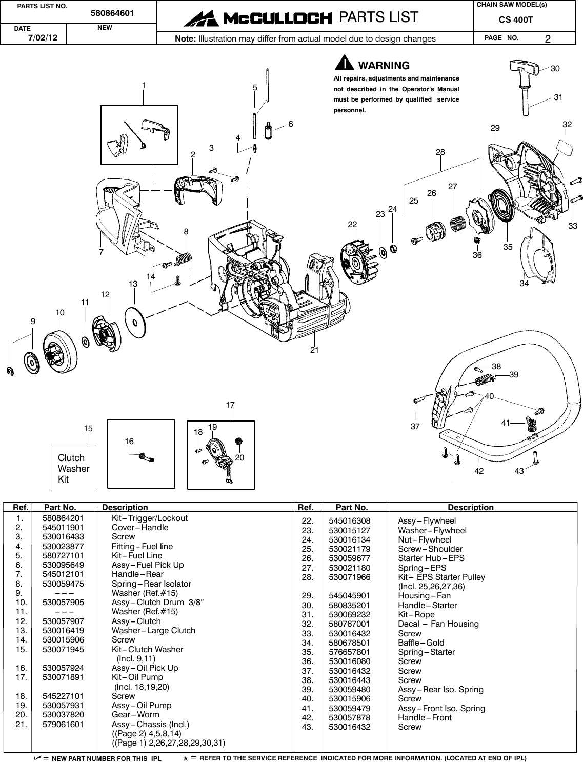 Page 2 of 3 - McCulloch 580864601 IPL, McCulloch, CS 400T, 967156318, 2012-08, Chain Saw User Manual  To The Bb5133b3-e36e-45ab-986c-f56c54bc8378