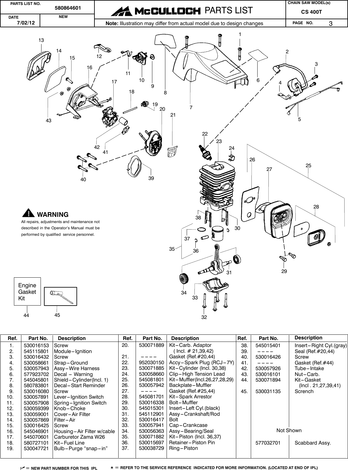 Page 3 of 3 - McCulloch 580864601 IPL, McCulloch, CS 400T, 967156318, 2012-08, Chain Saw User Manual  To The Bb5133b3-e36e-45ab-986c-f56c54bc8378