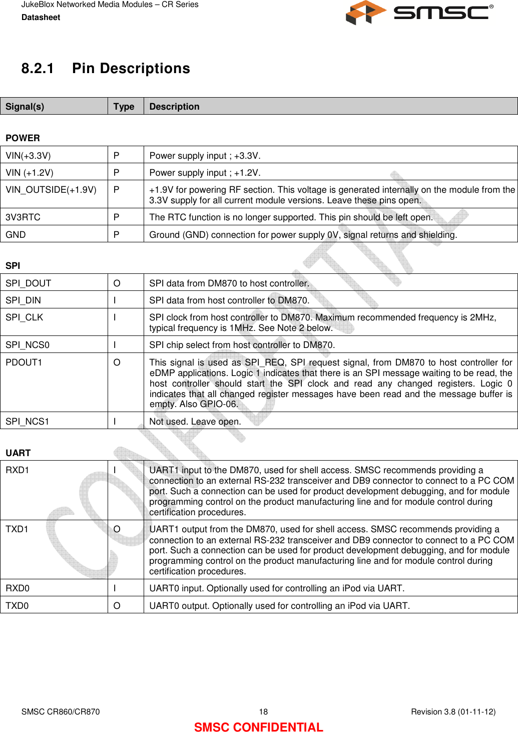 JukeBlox Networked Media Modules – CR Series Datasheet    SMSC CR860/CR870  18    Revision 3.8 (01-11-12) SMSC CONFIDENTIAL 8.2.1  Pin Descriptions  Signal(s)  Type Description  POWER    VIN(+3.3V)  P  Power supply input ; +3.3V. VIN (+1.2V)  P  Power supply input ; +1.2V. VIN_OUTSIDE(+1.9V)  P  +1.9V for powering RF section. This voltage is generated internally on the module from the 3.3V supply for all current module versions. Leave these pins open. 3V3RTC  P  The RTC function is no longer supported. This pin should be left open. GND  P  Ground (GND) connection for power supply 0V, signal returns and shielding.  SPI    SPI_DOUT  O  SPI data from DM870 to host controller. SPI_DIN  I  SPI data from host controller to DM870. SPI_CLK  I  SPI clock from host controller to DM870. Maximum recommended frequency is 2MHz, typical frequency is 1MHz. See Note 2 below. SPI_NCS0  I  SPI chip select from host controller to DM870. PDOUT1  O  This signal is used as SPI_REQ, SPI request signal, from DM870 to host controller for eDMP applications. Logic 1 indicates that there is an SPI message waiting to be read, the host  controller  should  start  the  SPI  clock  and  read  any  changed  registers.  Logic  0 indicates that all changed register messages have been read and the message buffer is empty. Also GPIO-06. SPI_NCS1  I  Not used. Leave open.  UART    RXD1  I  UART1 input to the DM870, used for shell access. SMSC recommends providing a connection to an external RS-232 transceiver and DB9 connector to connect to a PC COM port. Such a connection can be used for product development debugging, and for module programming control on the product manufacturing line and for module control during certification procedures. TXD1  O  UART1 output from the DM870, used for shell access. SMSC recommends providing a connection to an external RS-232 transceiver and DB9 connector to connect to a PC COM port. Such a connection can be used for product development debugging, and for module programming control on the product manufacturing line and for module control during certification procedures. RXD0  I  UART0 input. Optionally used for controlling an iPod via UART. TXD0  O  UART0 output. Optionally used for controlling an iPod via UART. 