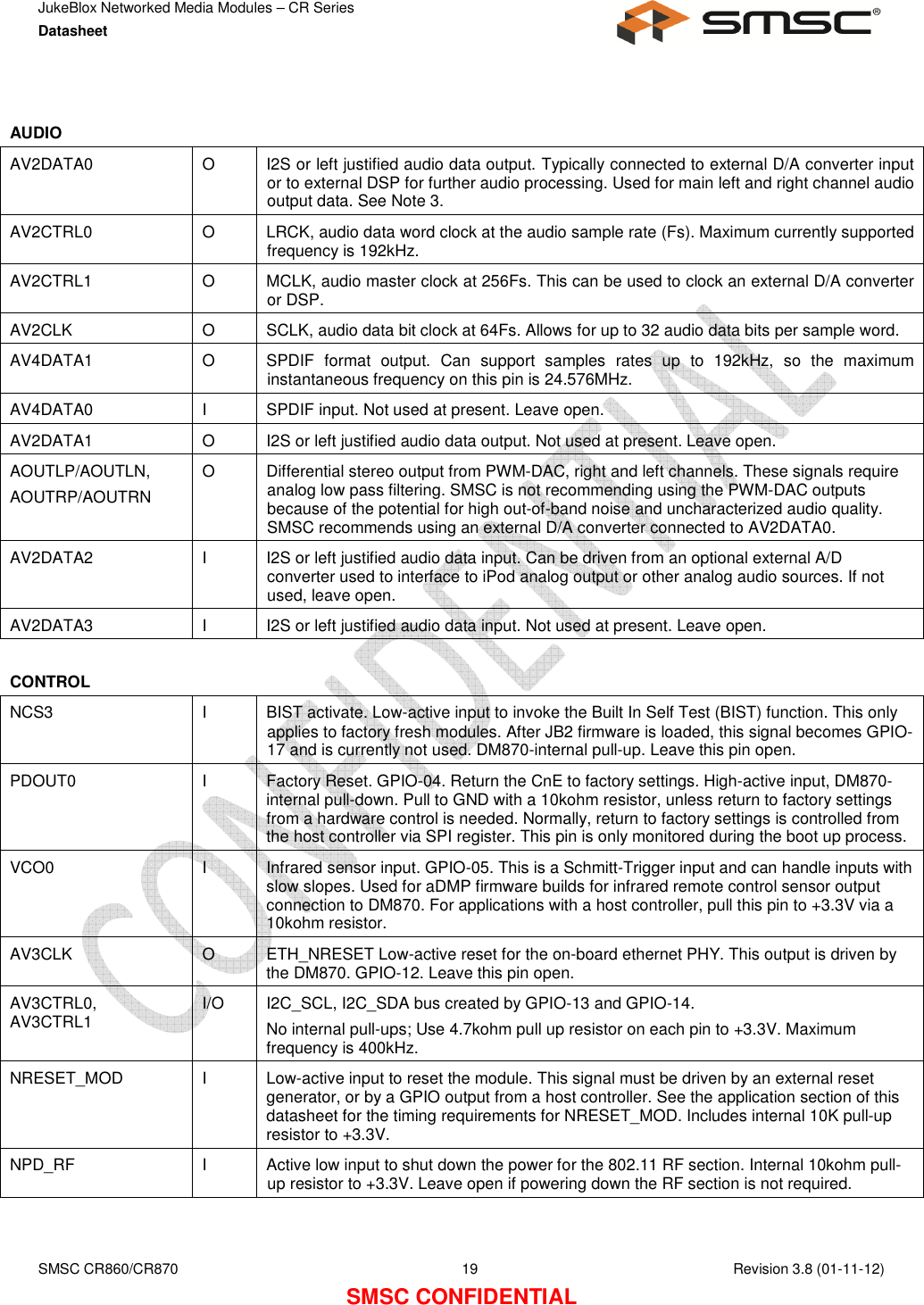 JukeBlox Networked Media Modules – CR Series Datasheet    SMSC CR860/CR870  19    Revision 3.8 (01-11-12) SMSC CONFIDENTIAL  AUDIO      AV2DATA0  O  I2S or left justified audio data output. Typically connected to external D/A converter input or to external DSP for further audio processing. Used for main left and right channel audio output data. See Note 3. AV2CTRL0  O  LRCK, audio data word clock at the audio sample rate (Fs). Maximum currently supported frequency is 192kHz. AV2CTRL1  O  MCLK, audio master clock at 256Fs. This can be used to clock an external D/A converter or DSP. AV2CLK  O  SCLK, audio data bit clock at 64Fs. Allows for up to 32 audio data bits per sample word. AV4DATA1  O  SPDIF  format  output.  Can  support  samples  rates  up  to  192kHz,  so  the  maximum instantaneous frequency on this pin is 24.576MHz. AV4DATA0  I  SPDIF input. Not used at present. Leave open. AV2DATA1  O  I2S or left justified audio data output. Not used at present. Leave open. AOUTLP/AOUTLN, AOUTRP/AOUTRN O  Differential stereo output from PWM-DAC, right and left channels. These signals require analog low pass filtering. SMSC is not recommending using the PWM-DAC outputs because of the potential for high out-of-band noise and uncharacterized audio quality. SMSC recommends using an external D/A converter connected to AV2DATA0. AV2DATA2  I  I2S or left justified audio data input. Can be driven from an optional external A/D converter used to interface to iPod analog output or other analog audio sources. If not used, leave open. AV2DATA3  I  I2S or left justified audio data input. Not used at present. Leave open.  CONTROL    NCS3  I  BIST activate. Low-active input to invoke the Built In Self Test (BIST) function. This only applies to factory fresh modules. After JB2 firmware is loaded, this signal becomes GPIO-17 and is currently not used. DM870-internal pull-up. Leave this pin open. PDOUT0  I  Factory Reset. GPIO-04. Return the CnE to factory settings. High-active input, DM870-internal pull-down. Pull to GND with a 10kohm resistor, unless return to factory settings from a hardware control is needed. Normally, return to factory settings is controlled from the host controller via SPI register. This pin is only monitored during the boot up process.  VCO0  I  Infrared sensor input. GPIO-05. This is a Schmitt-Trigger input and can handle inputs with slow slopes. Used for aDMP firmware builds for infrared remote control sensor output connection to DM870. For applications with a host controller, pull this pin to +3.3V via a 10kohm resistor. AV3CLK   O  ETH_NRESET Low-active reset for the on-board ethernet PHY. This output is driven by the DM870. GPIO-12. Leave this pin open. AV3CTRL0, AV3CTRL1  I/O  I2C_SCL, I2C_SDA bus created by GPIO-13 and GPIO-14. No internal pull-ups; Use 4.7kohm pull up resistor on each pin to +3.3V. Maximum frequency is 400kHz. NRESET_MOD  I  Low-active input to reset the module. This signal must be driven by an external reset generator, or by a GPIO output from a host controller. See the application section of this datasheet for the timing requirements for NRESET_MOD. Includes internal 10K pull-up resistor to +3.3V. NPD_RF  I  Active low input to shut down the power for the 802.11 RF section. Internal 10kohm pull-up resistor to +3.3V. Leave open if powering down the RF section is not required.  