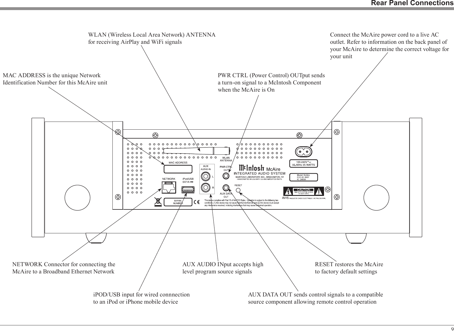 9Rear Panel ConnectionsPWR CTRL (Power Control) OUTput sends a turn-on signal to a McIntosh Component when the McAire is OnConnect the McAire power cord to a live AC outlet. Refer to information on the back panel of your McAire to determine the correct voltage for your unitAUX AUDIO INput accepts high level program source signalsWLAN (Wireless Local Area Network) ANTENNA for receiving AirPlay and WiFi signalsNETWORK Connector for connecting the McAire to a Broadband Ethernet NetworkiPOD/USB input for wired connnection to an iPod or iPhone mobile deviceAUX DATA OUT sends control signals to a compatible source component allowing remote control operationRESET restores the McAire to factory default settingsMAC ADDRESS is the unique Network Identification Number for this McAire unit
